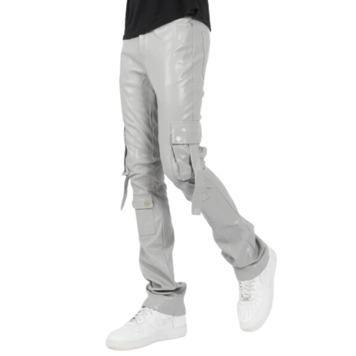 COOL GREY LEATHER CARGO STACKED JEANS