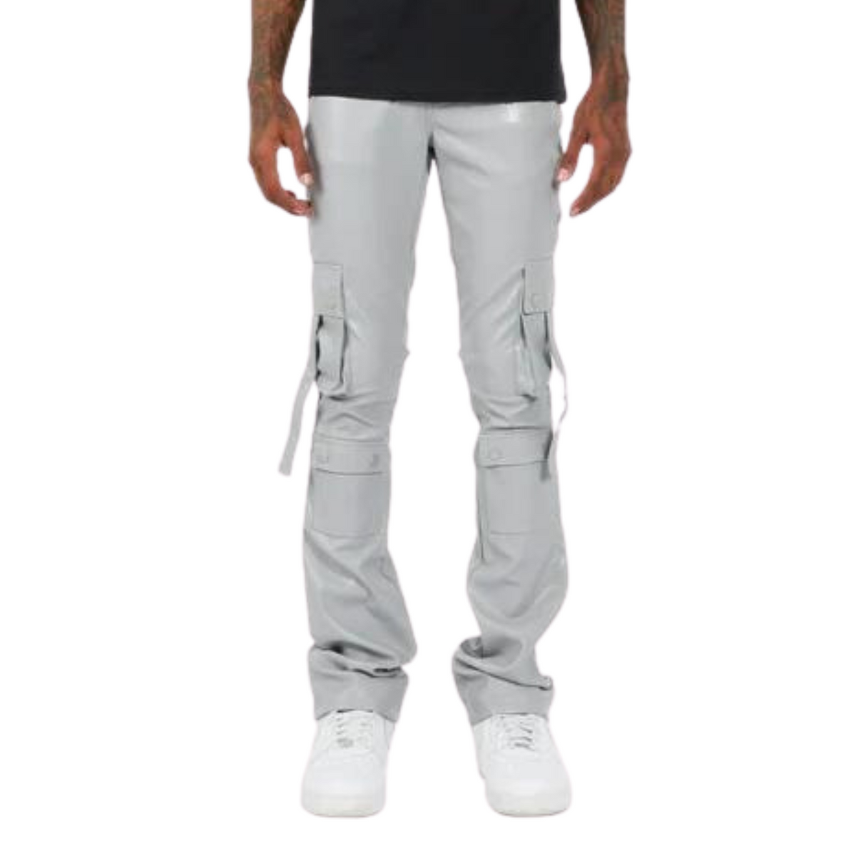 COOL GREY LEATHER CARGO STACKED JEANS