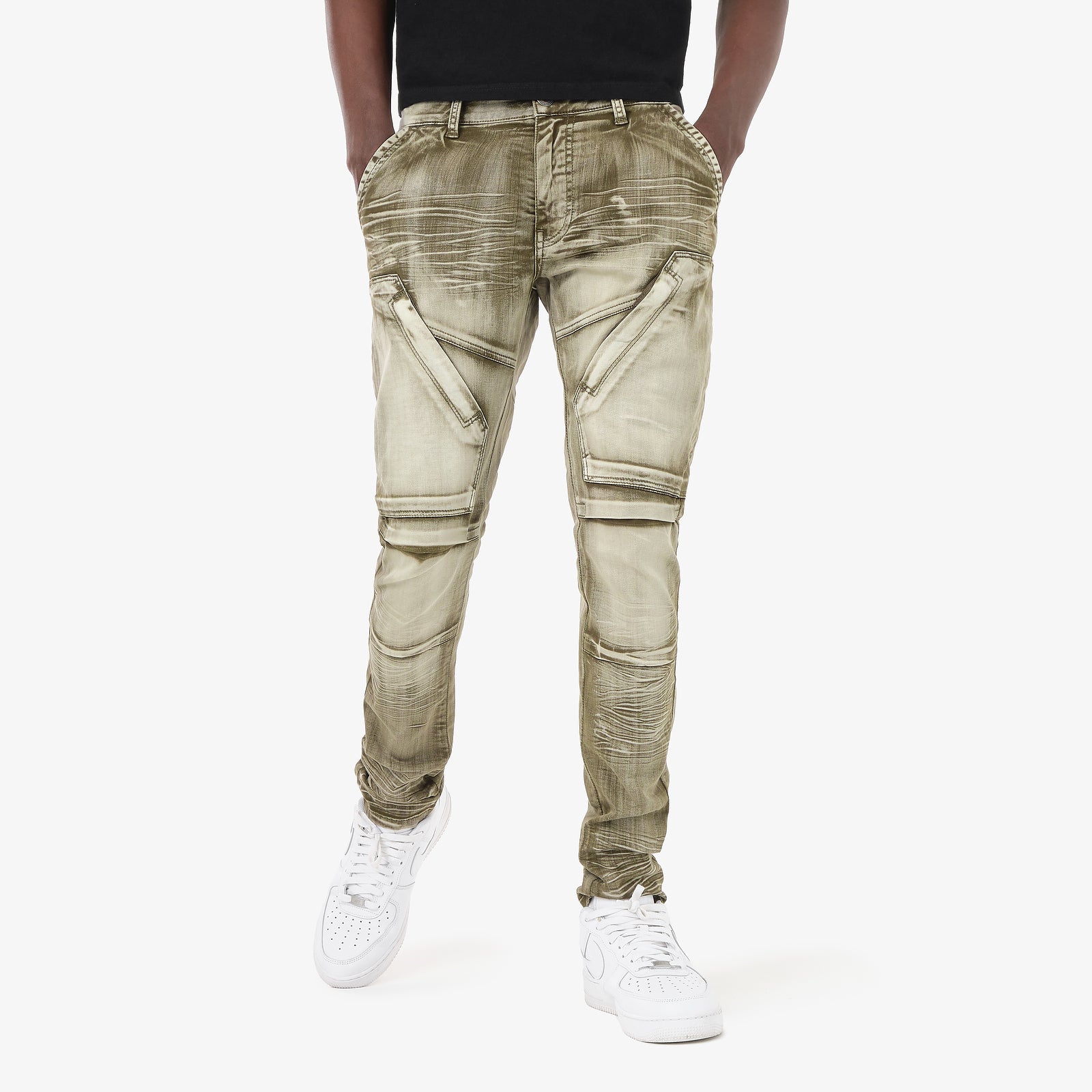 OLIVE WASHED HIDDEN POCKET JEANS