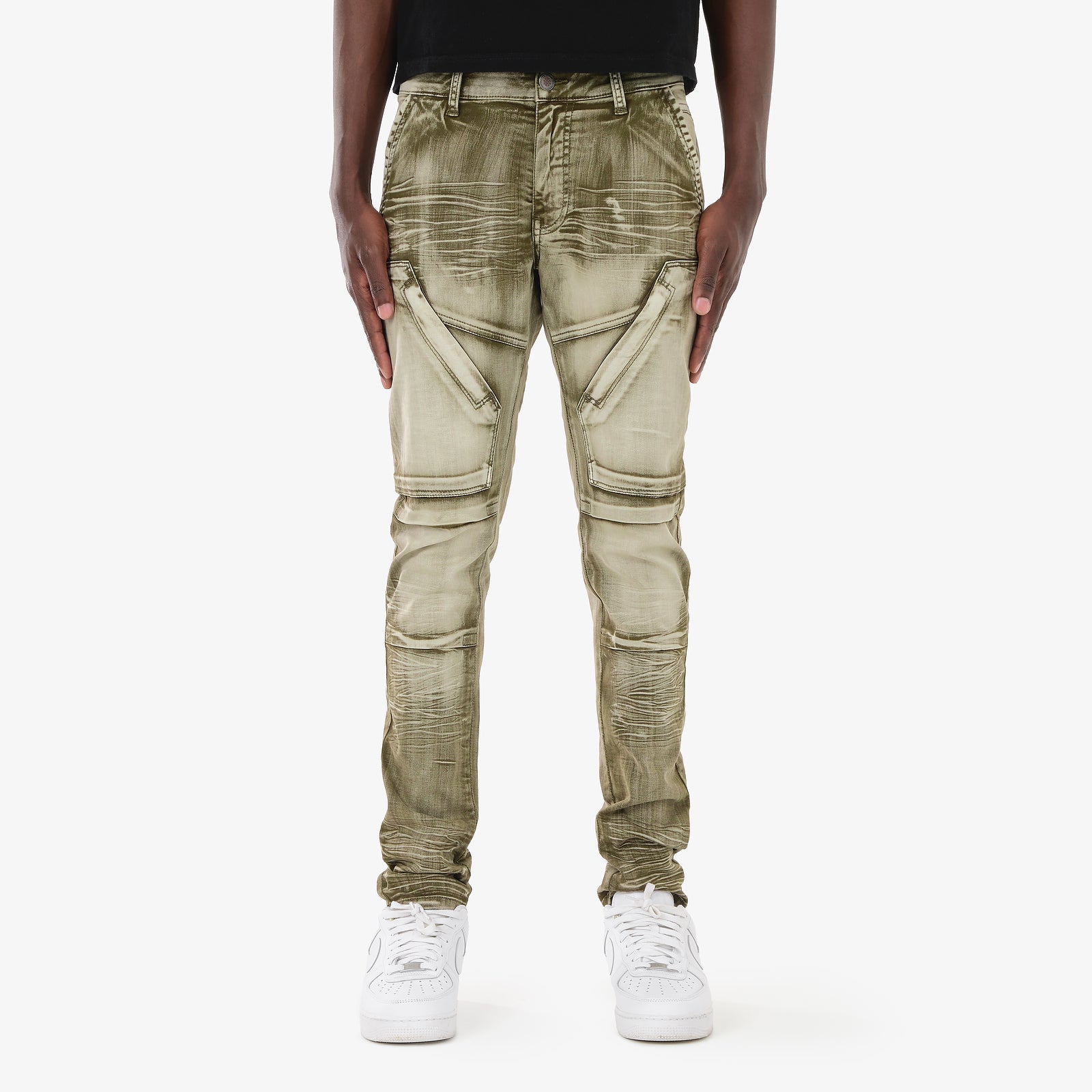 OLIVE WASHED HIDDEN POCKET JEANS