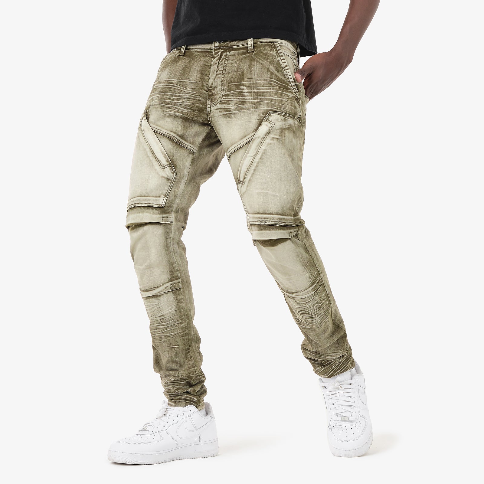 OLIVE WASHED HIDDEN POCKET JEANS