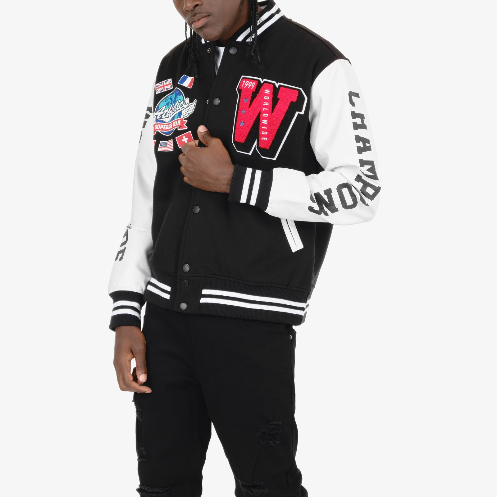 BLACK / RED "WORLDWIDE" VARSITY JACKET