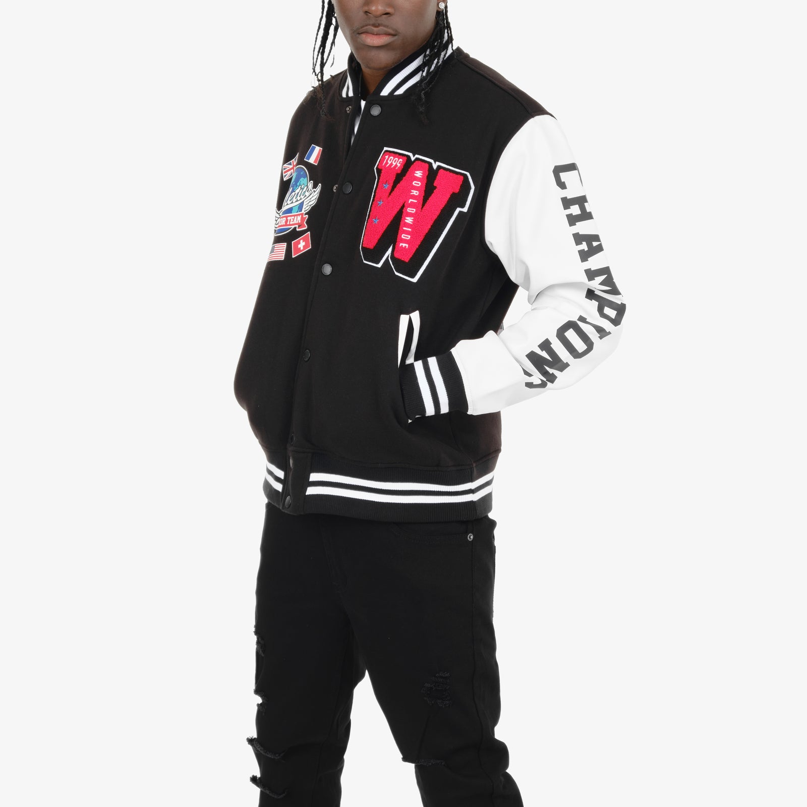 BLACK / RED "WORLDWIDE" VARSITY JACKET