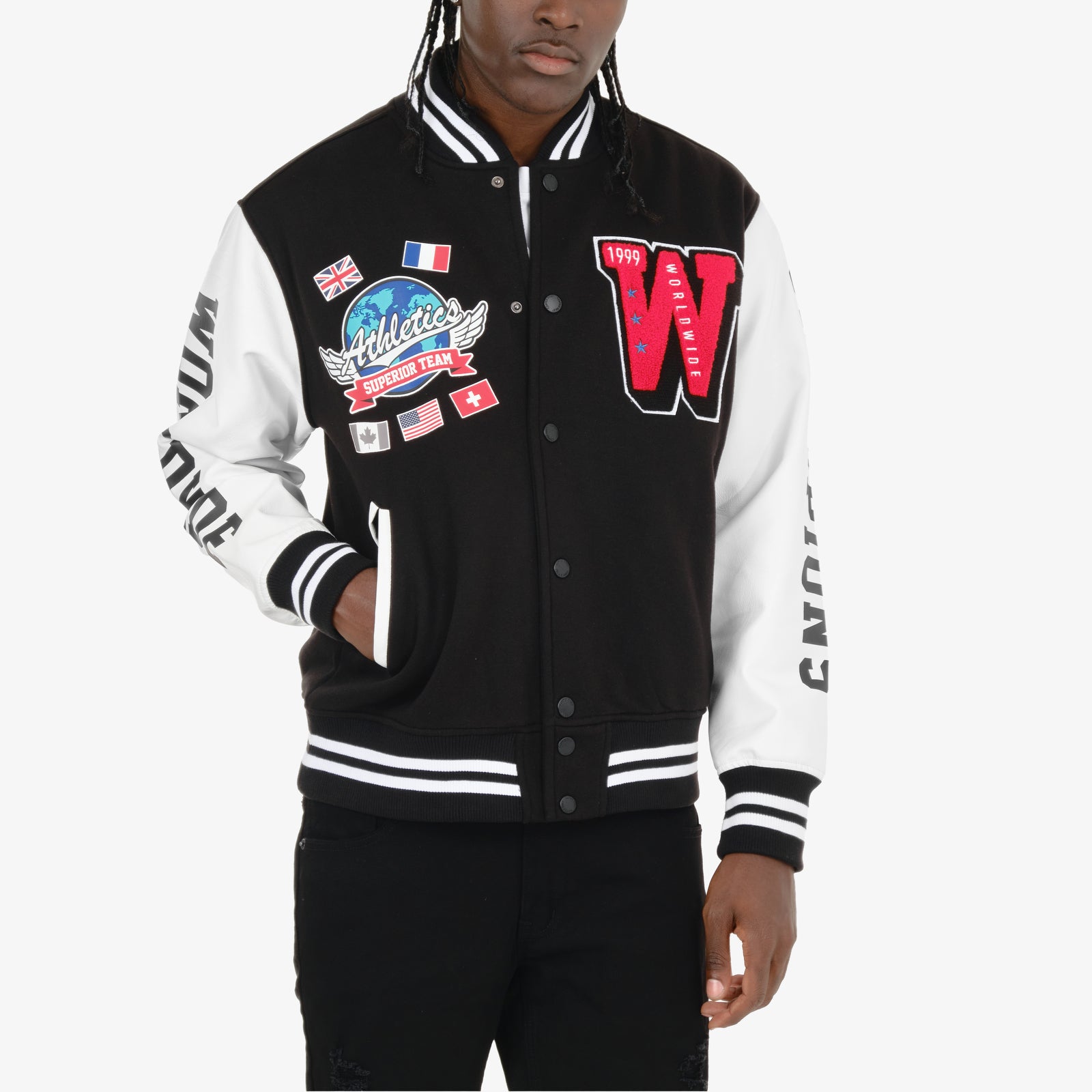 BLACK / RED "WORLDWIDE" VARSITY JACKET