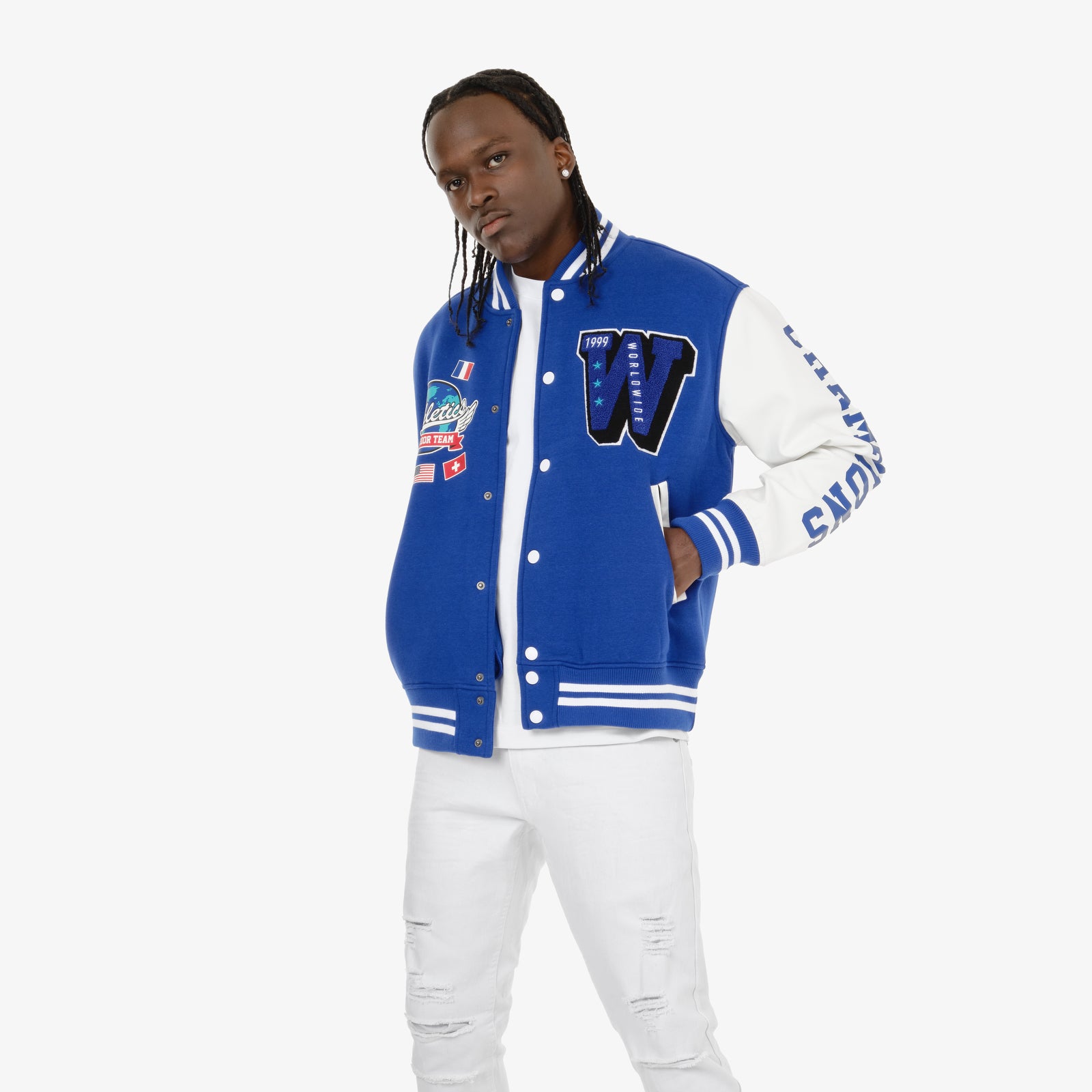 BLUE / WHITE "WORLDWIDE" VARSITY JACKET