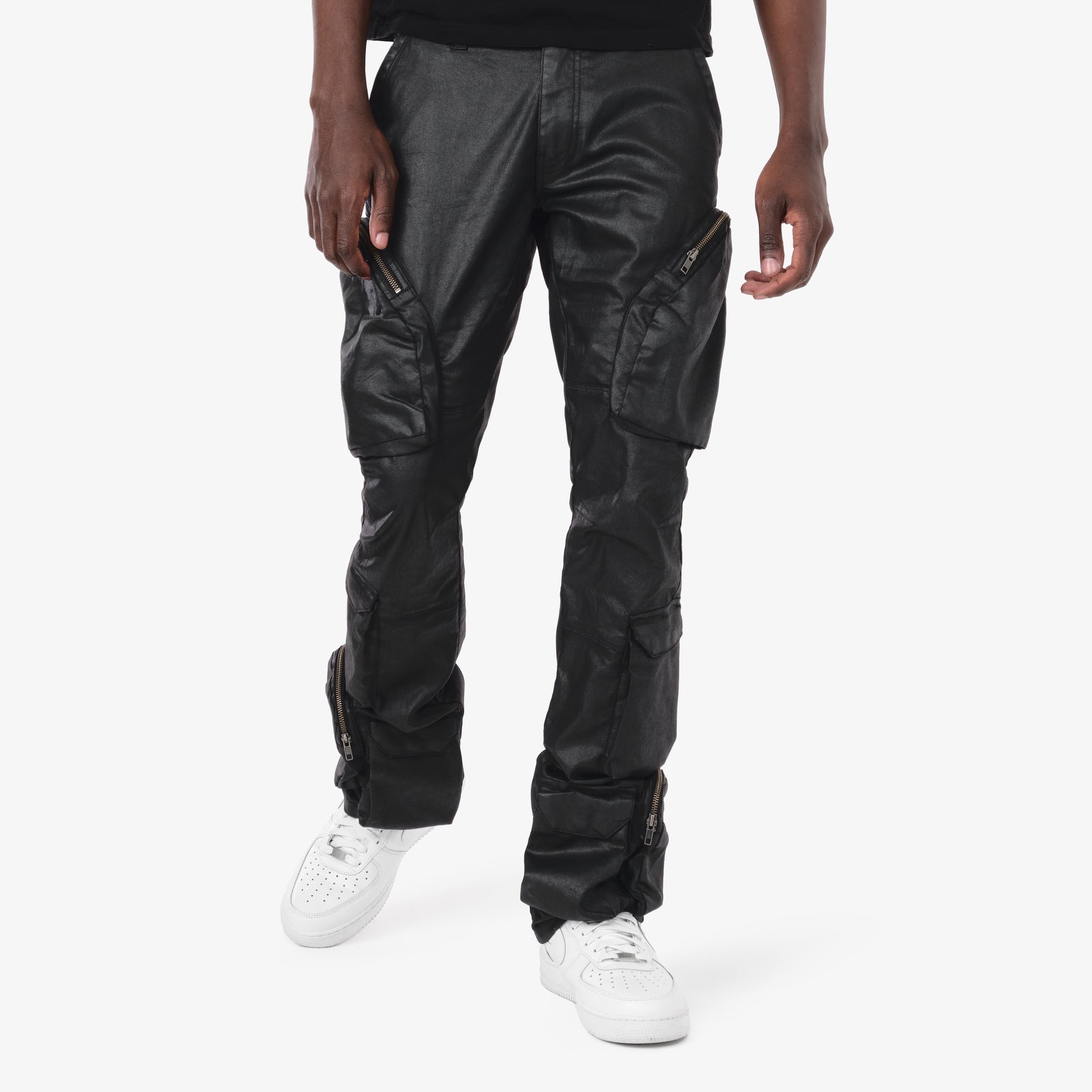 JET BLACK WAXED STACKED CARGO JEANS