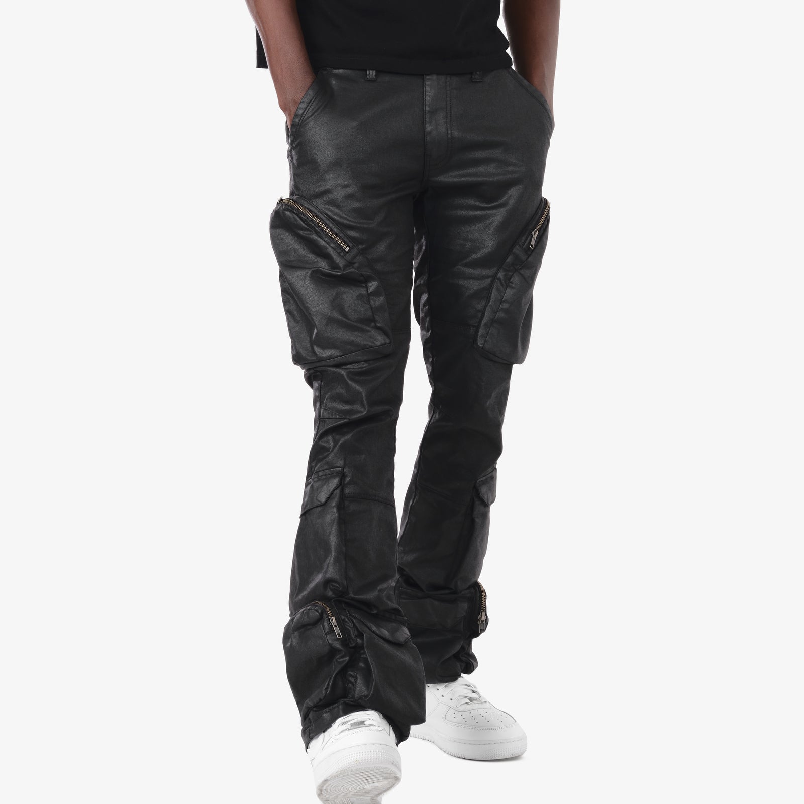 JET BLACK WAXED STACKED CARGO JEANS
