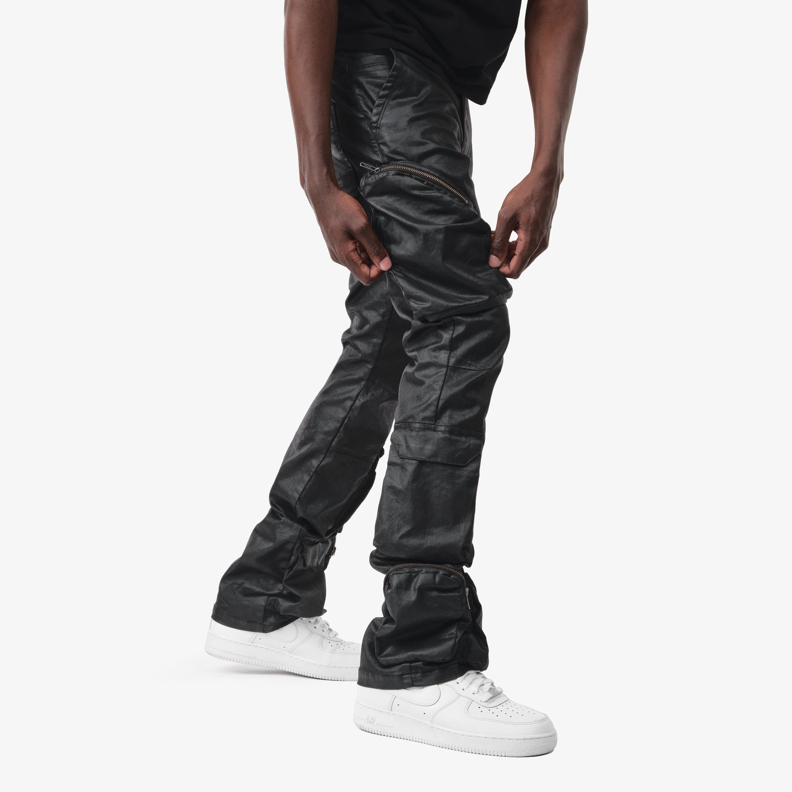 JET BLACK WAXED STACKED CARGO JEANS