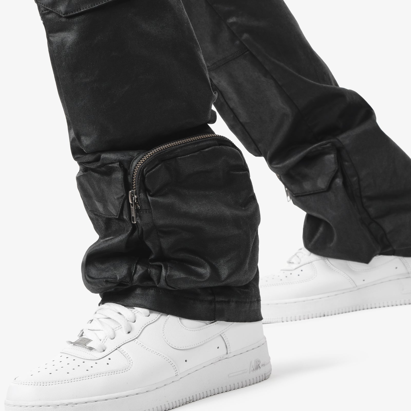 JET BLACK WAXED STACKED CARGO JEANS