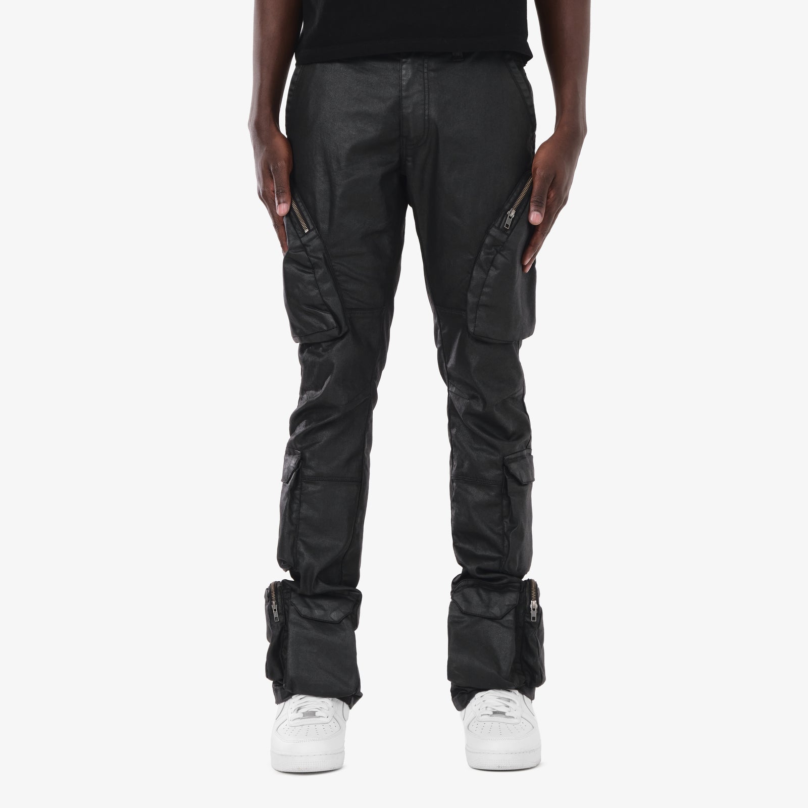 JET BLACK WAXED STACKED CARGO JEANS