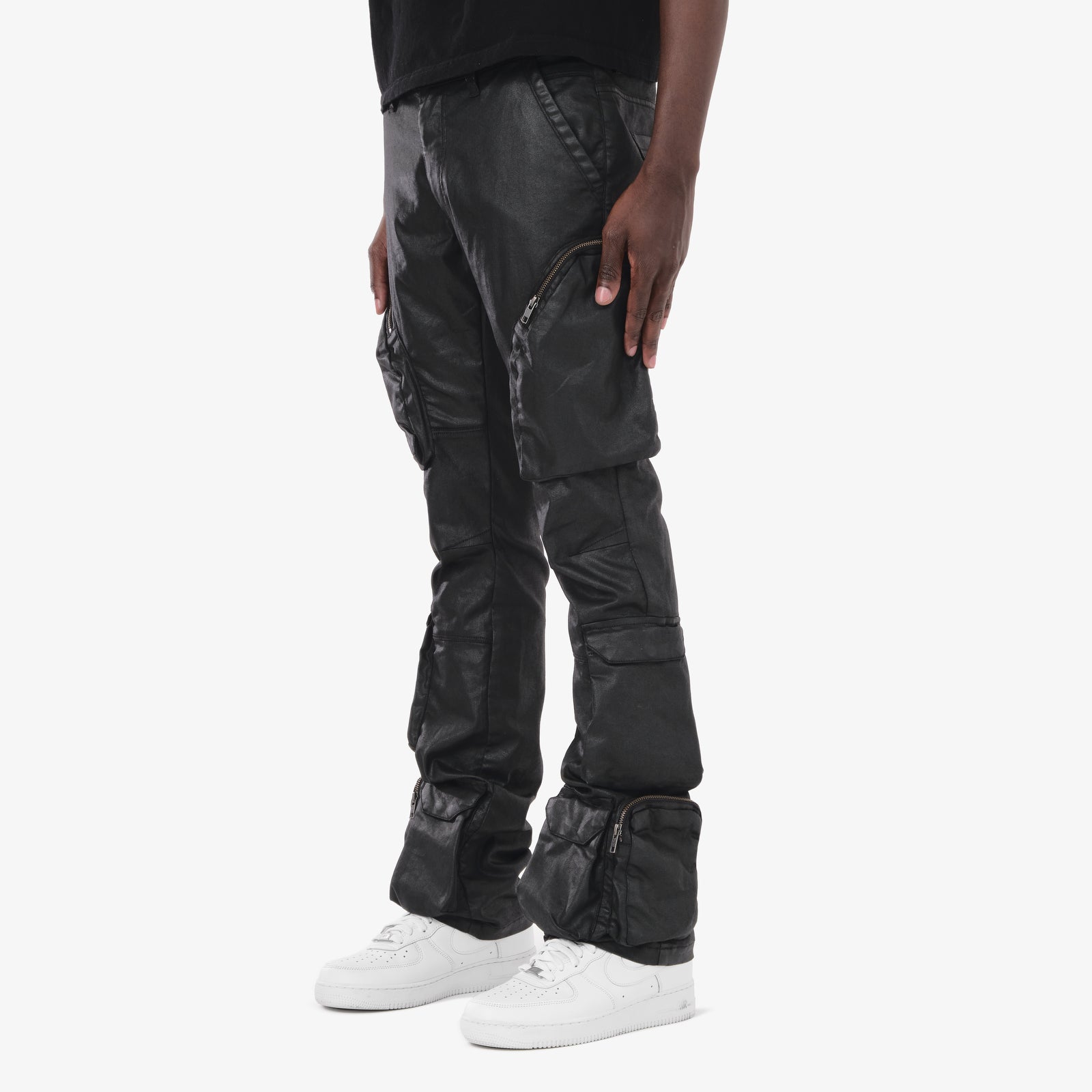 JET BLACK WAXED STACKED CARGO JEANS
