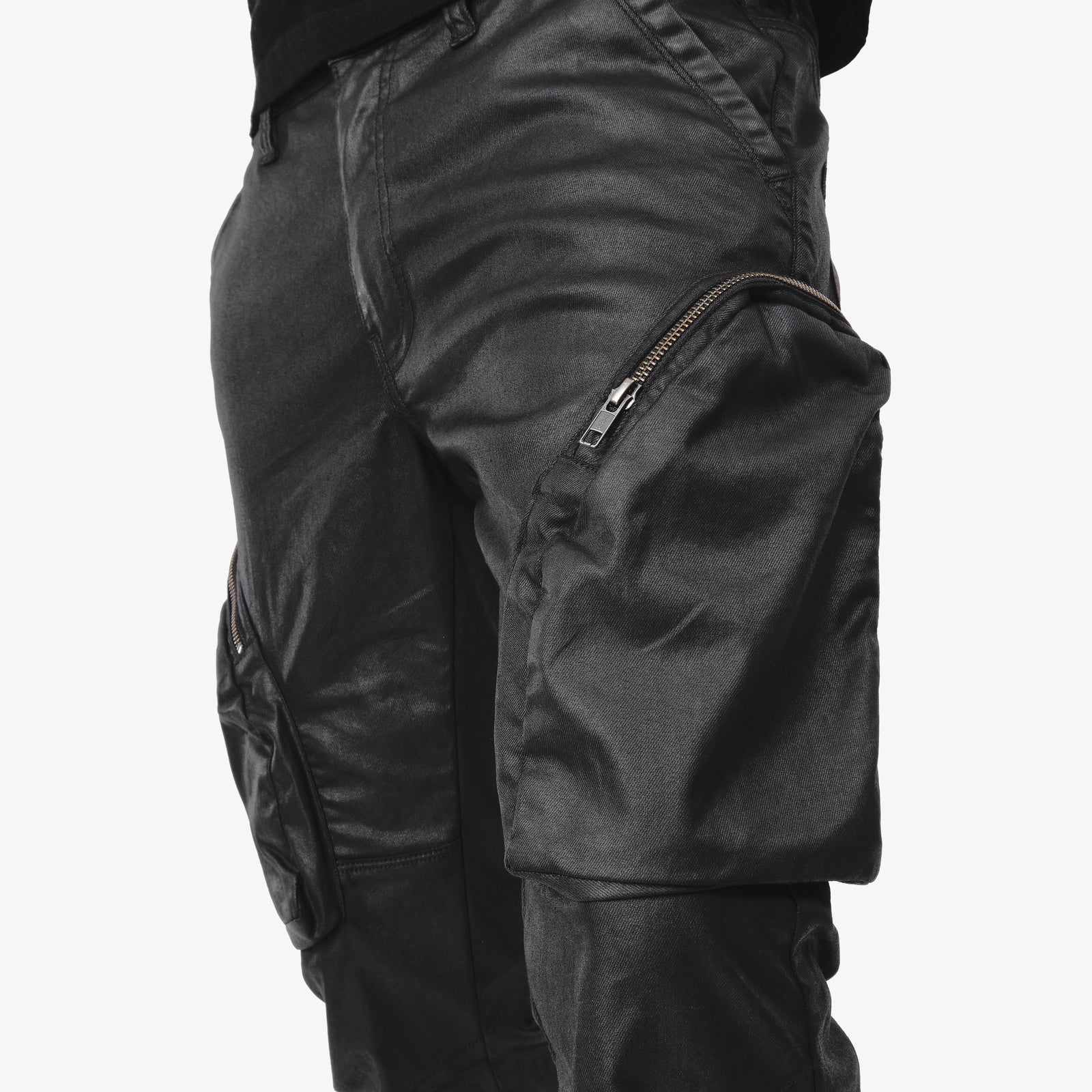 JET BLACK WAXED STACKED CARGO JEANS