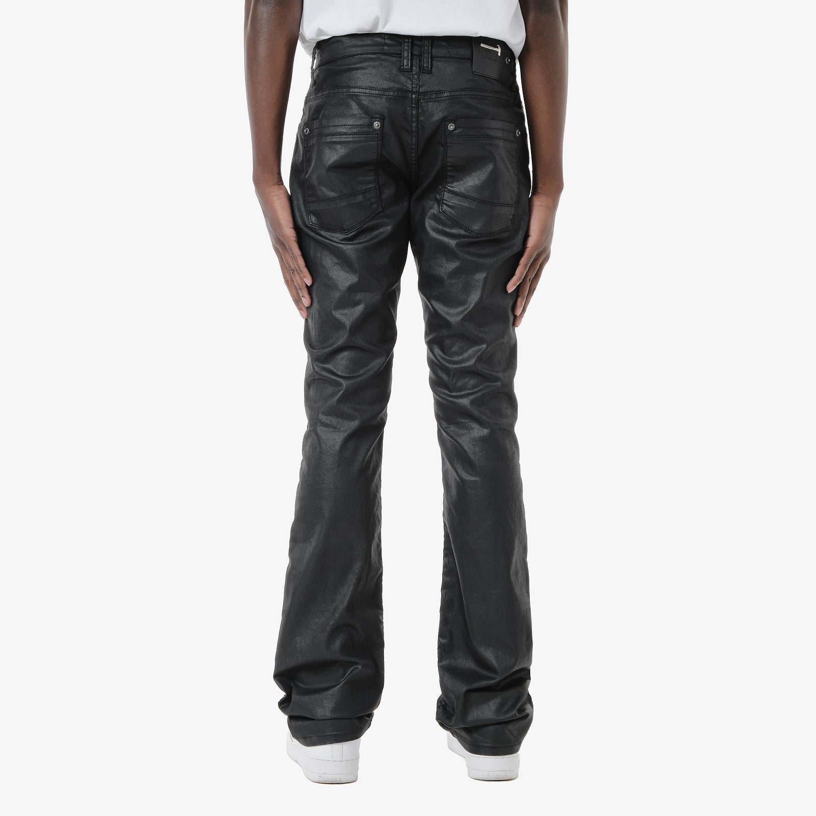 JET BLACK WAXED STACKED PANTS