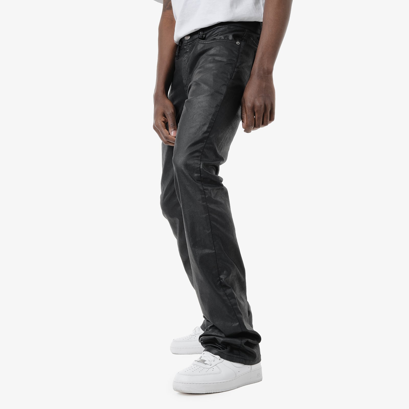 JET BLACK WAXED STACKED PANTS