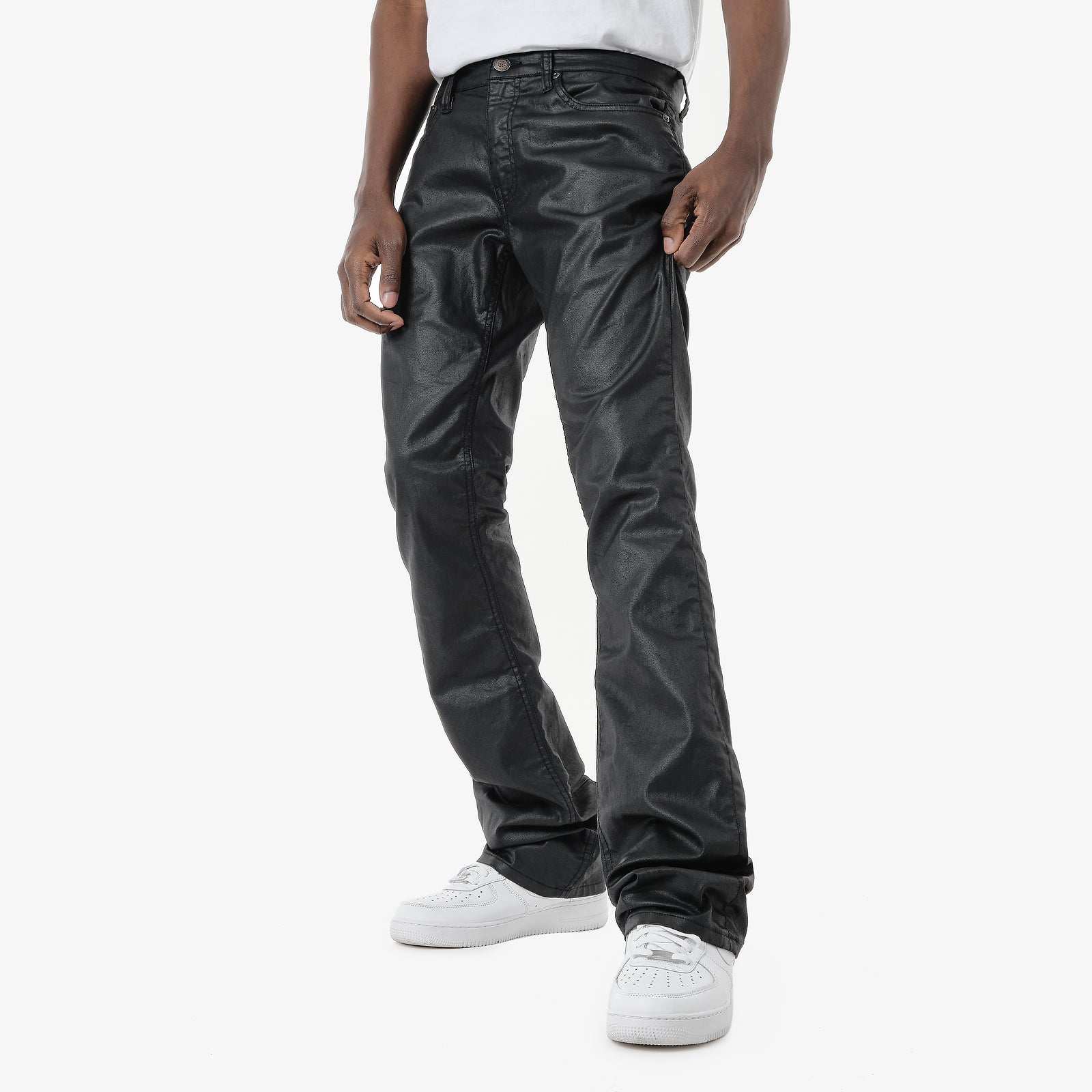 JET BLACK WAXED STACKED PANTS