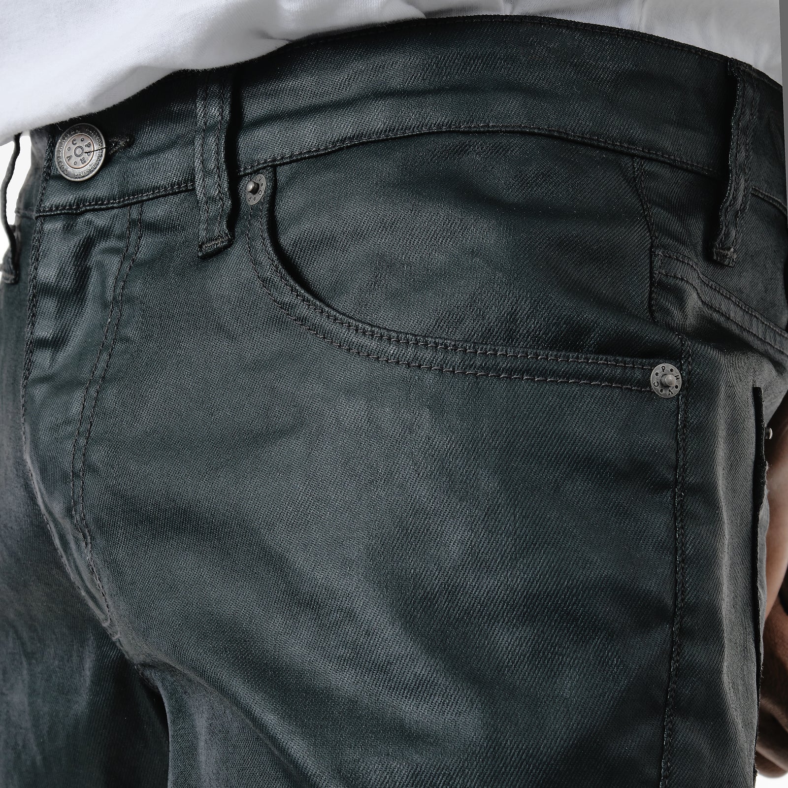 OLIVE WAXED STACKED PANTS