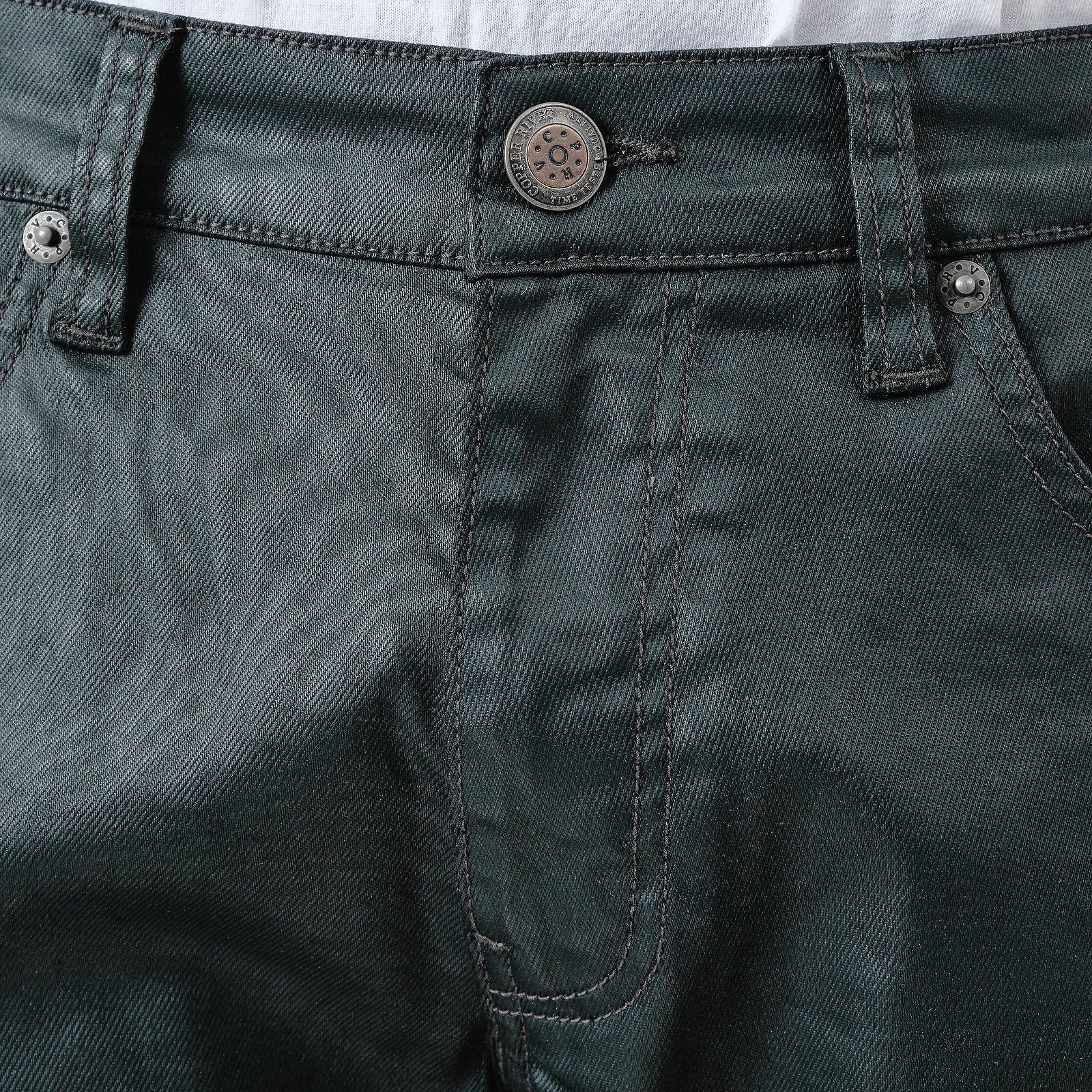 OLIVE WAXED STACKED PANTS