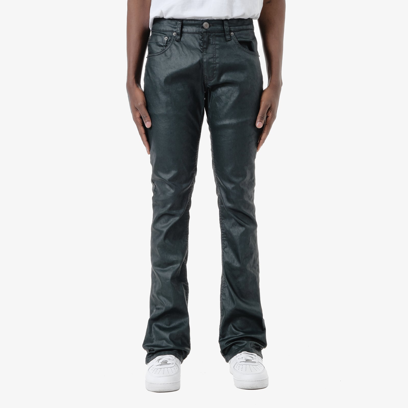 OLIVE WAXED STACKED PANTS