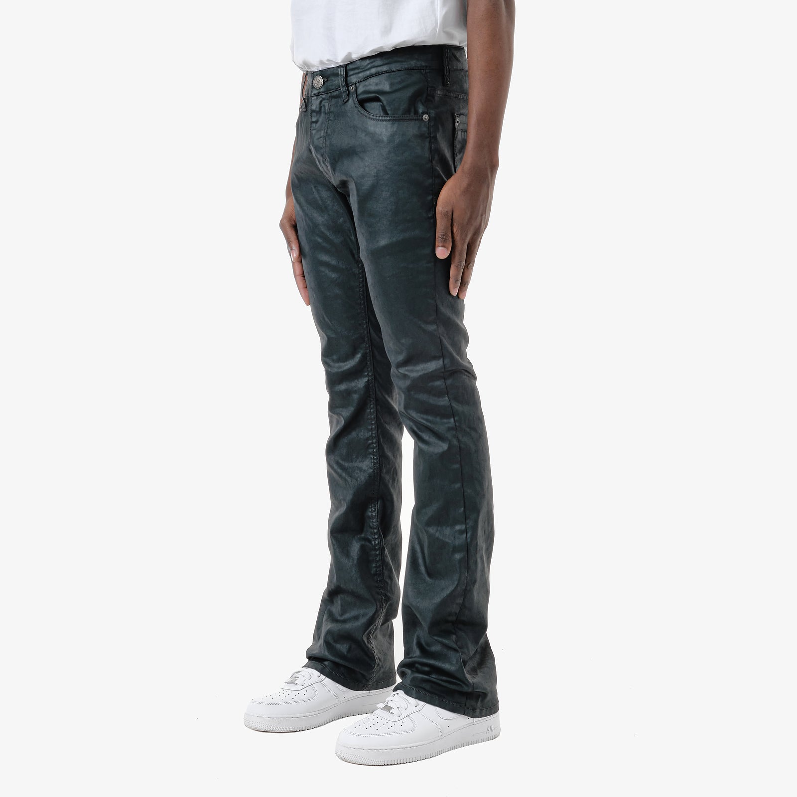 OLIVE WAXED STACKED PANTS