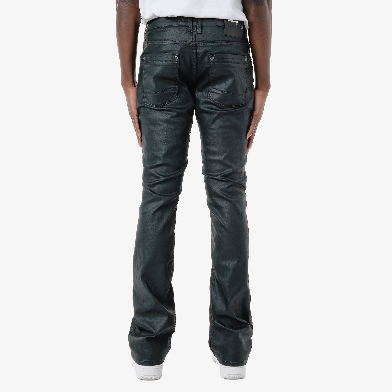 OLIVE WAXED STACKED PANTS