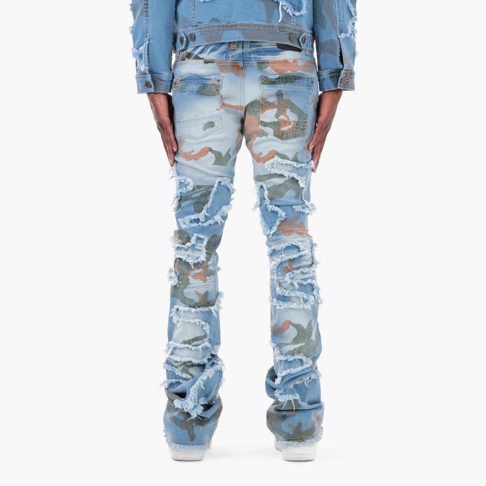 LIGHT SAND BLUE STACKED CAMO JEANS