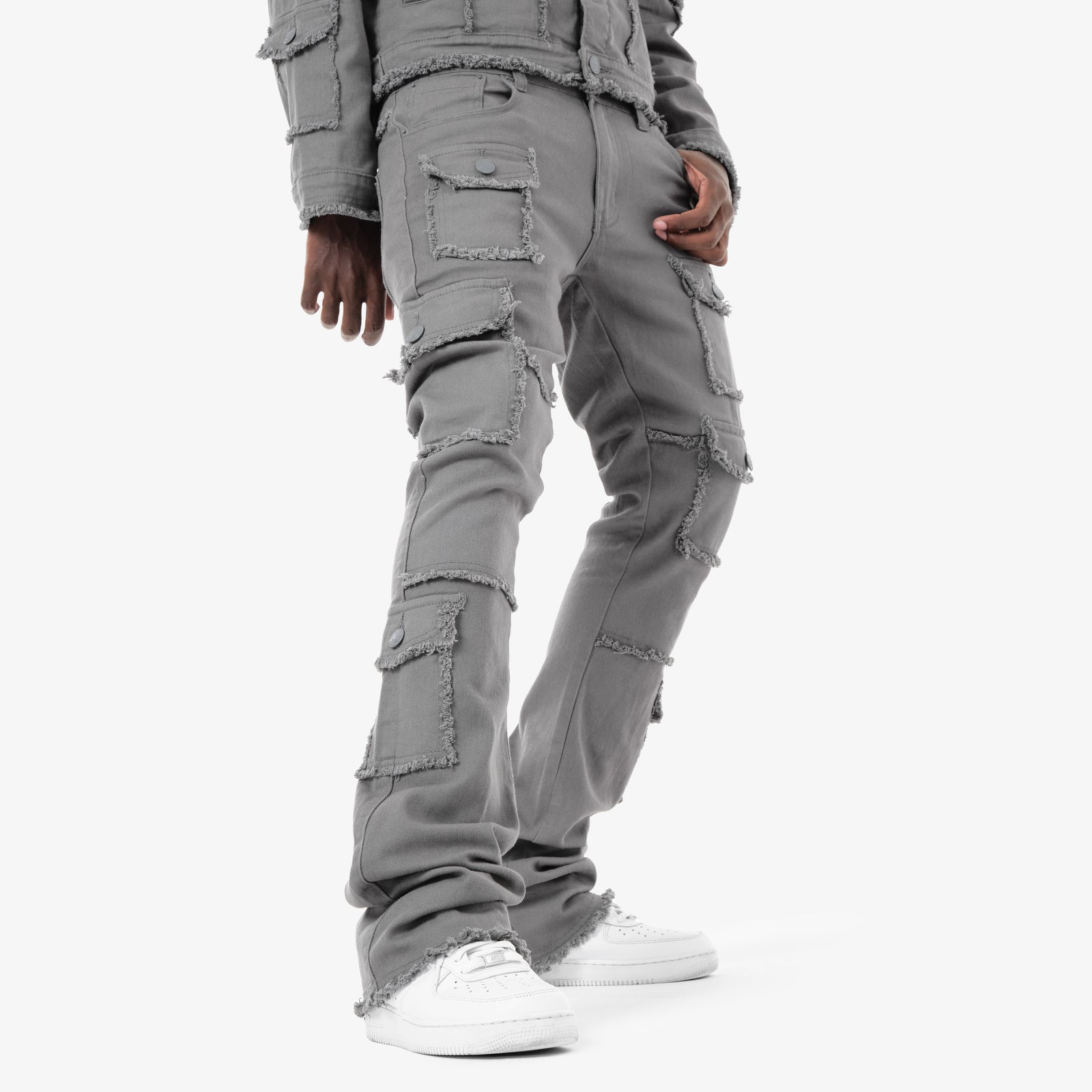 Grey Stacked Cargo Pants