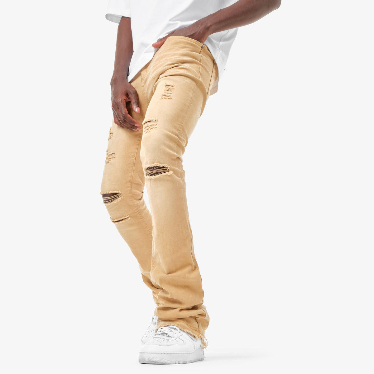 KHAKI STACKED JEANS W/ SUPER STRETCH