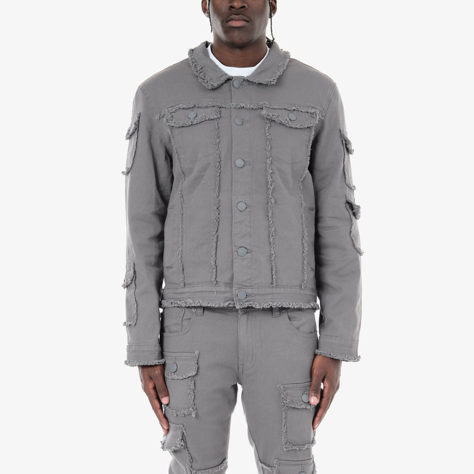 GRAY FRAYED DENIM JACKET