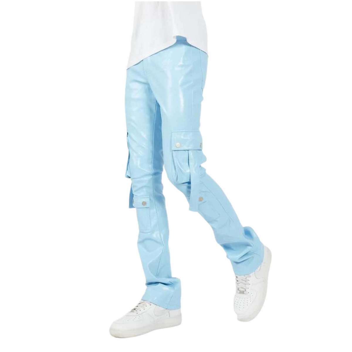 BABY BLUE LEATHER CARGO STACKED PANTS