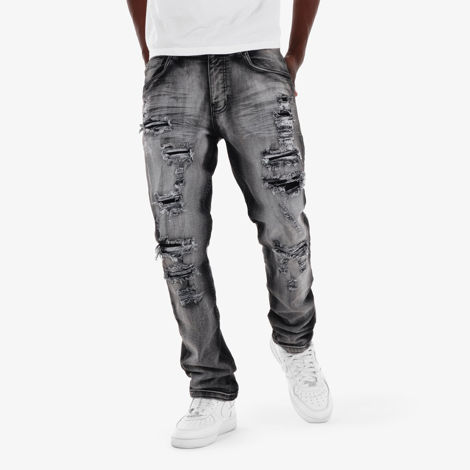 BLACK SAND TINT RIP & REPAIR JEANS