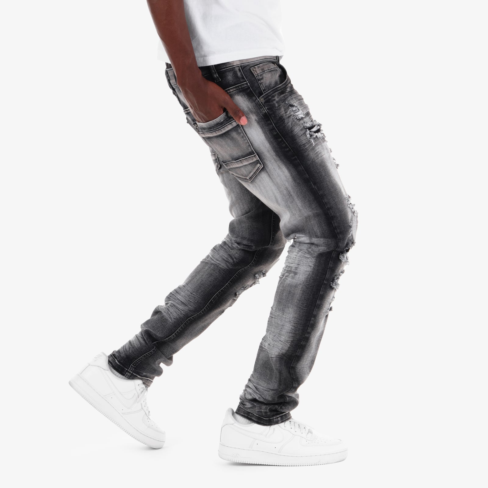 BLACK SAND TINT RIP & REPAIR JEANS