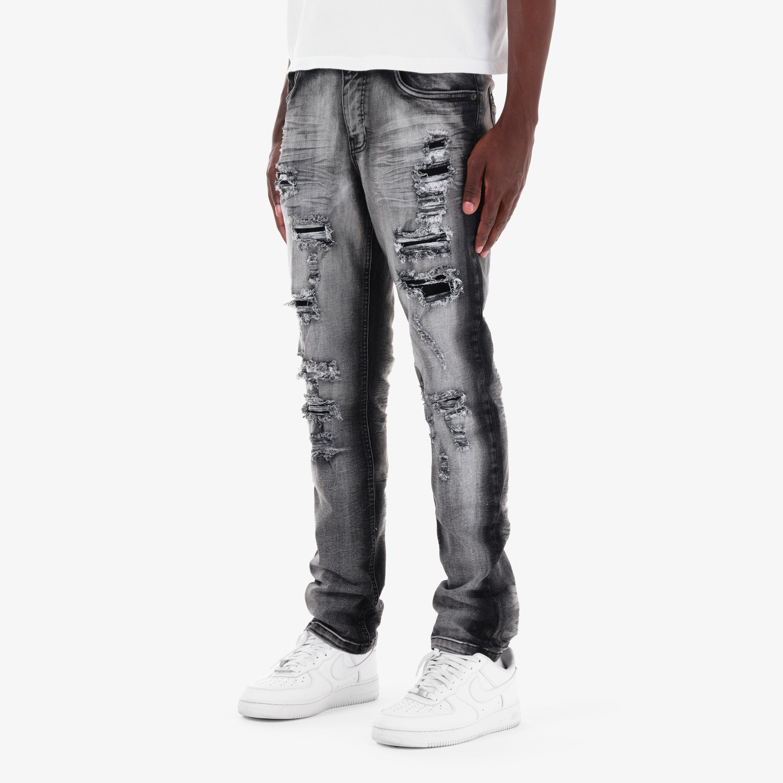 BLACK SAND TINT RIP & REPAIR JEANS