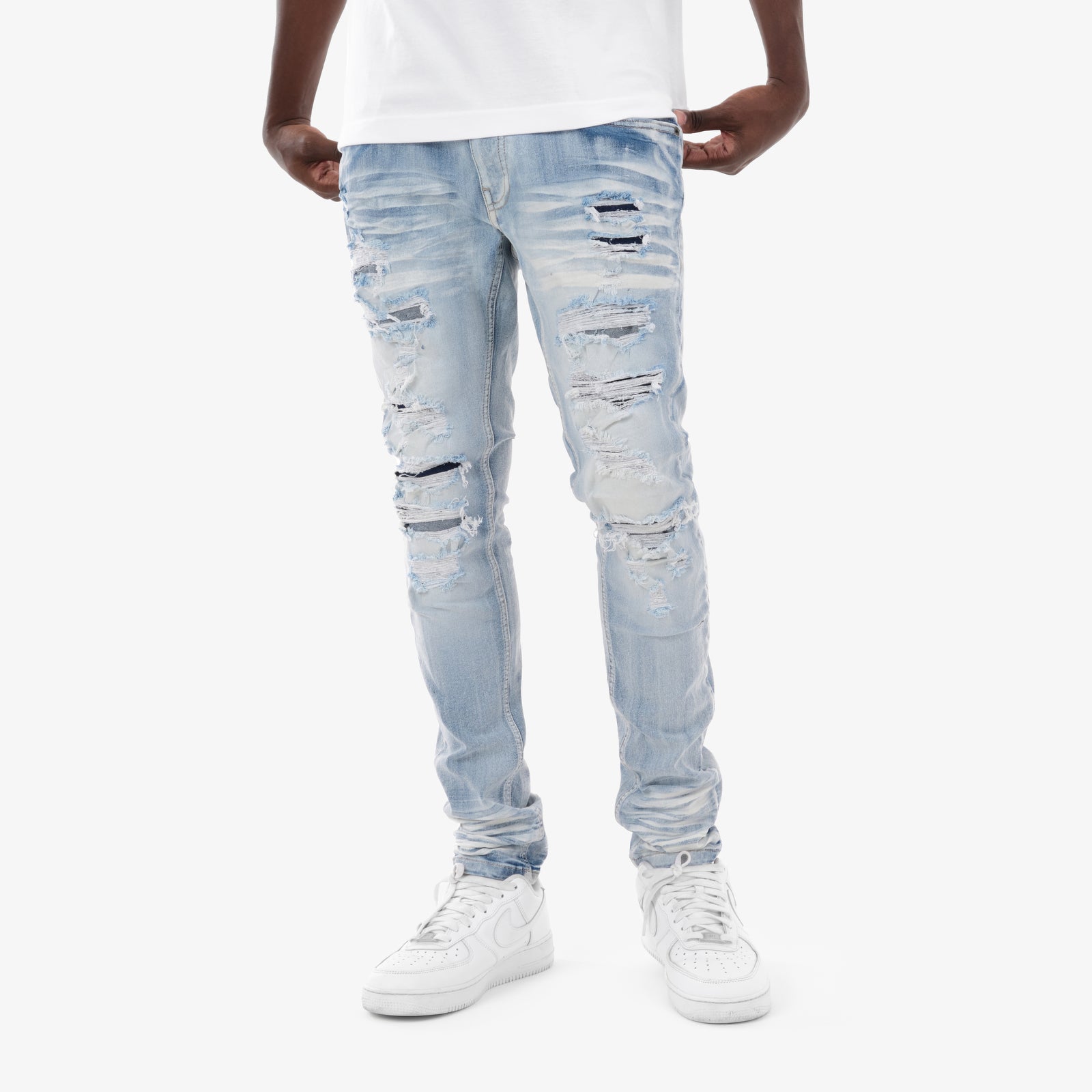 LIGHT SAND BLUE RIP & REPAIR JEANS