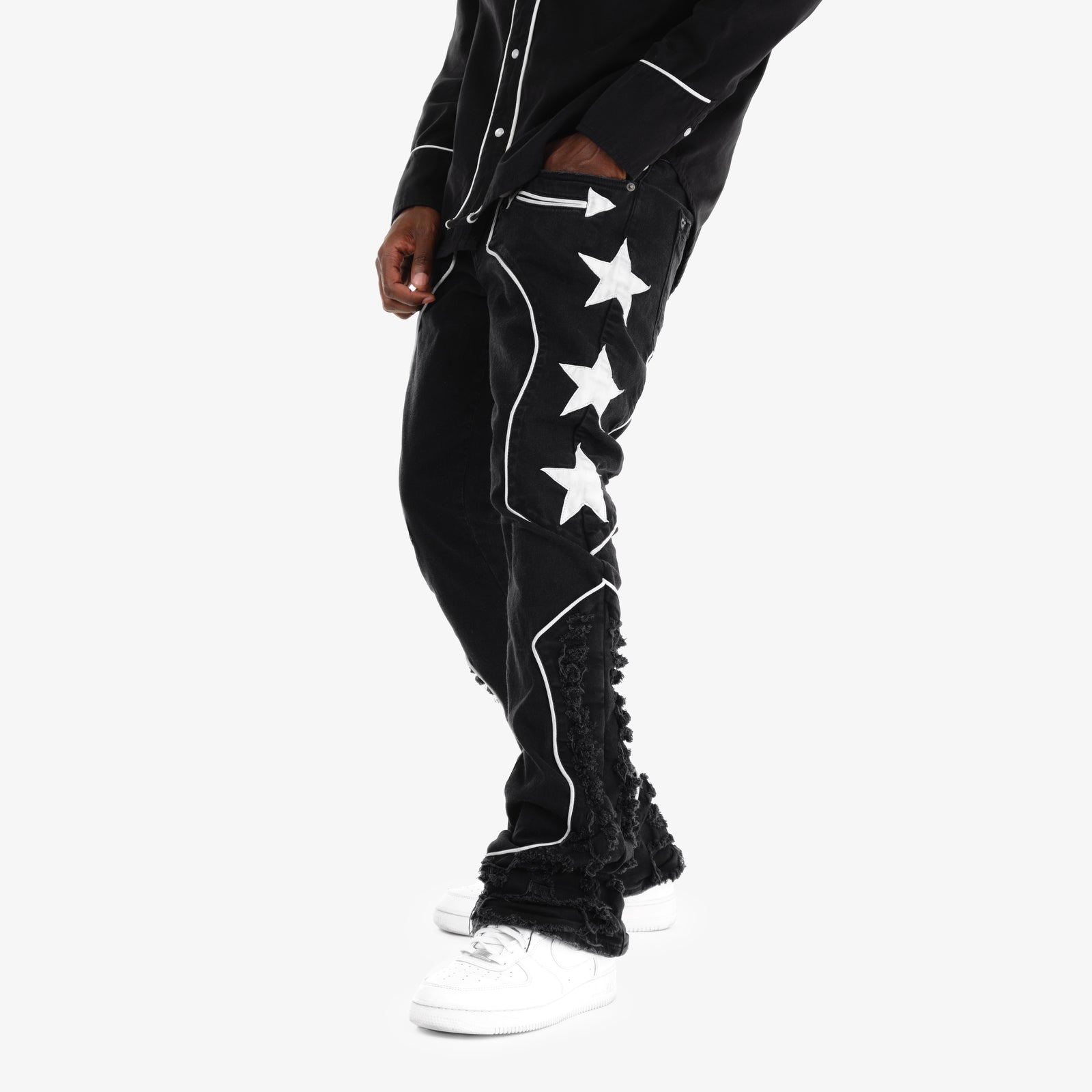 JET BLACK WESTERN STACKED JEANS