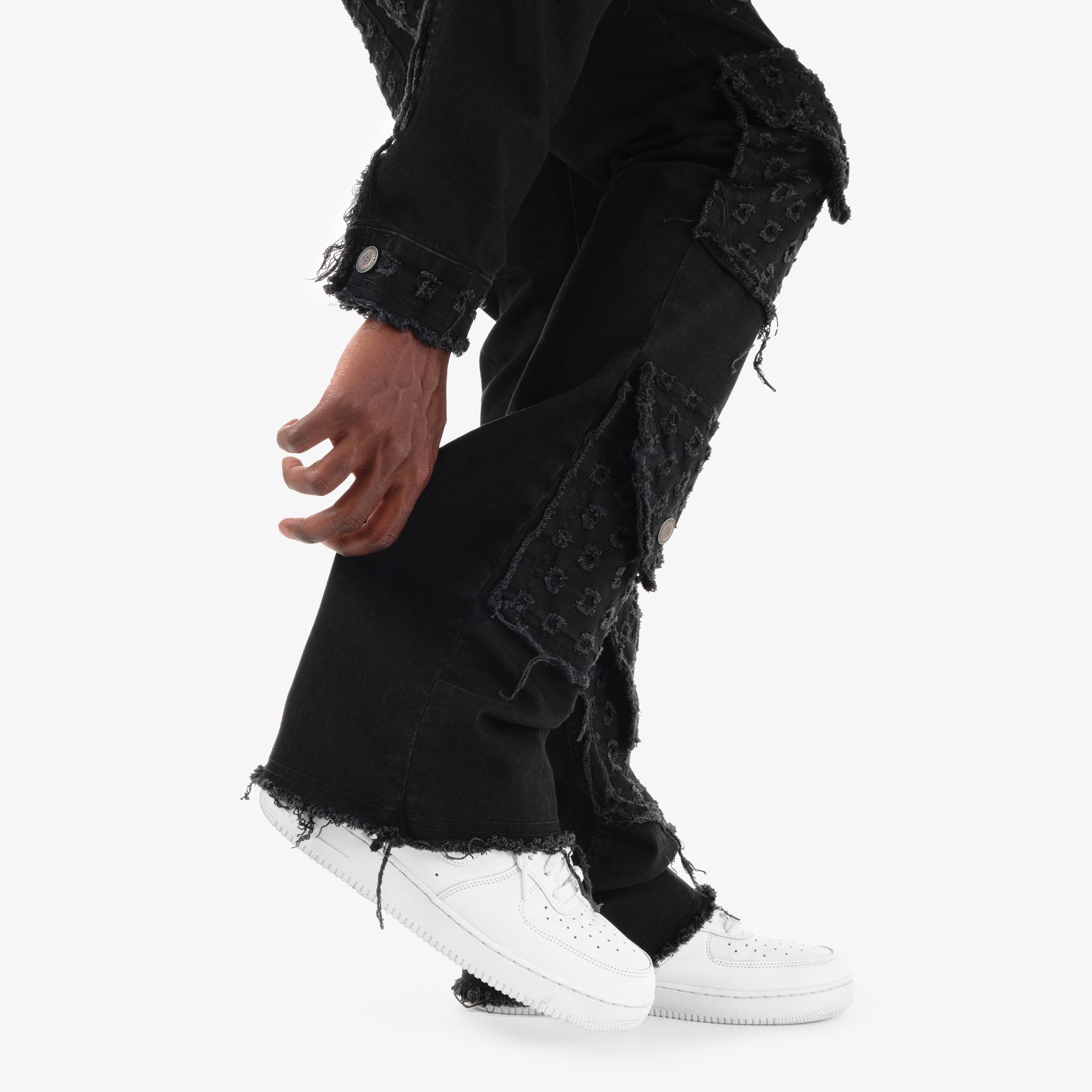 BLACK DISTRESSED FRAY CARGO STACKED JEANS