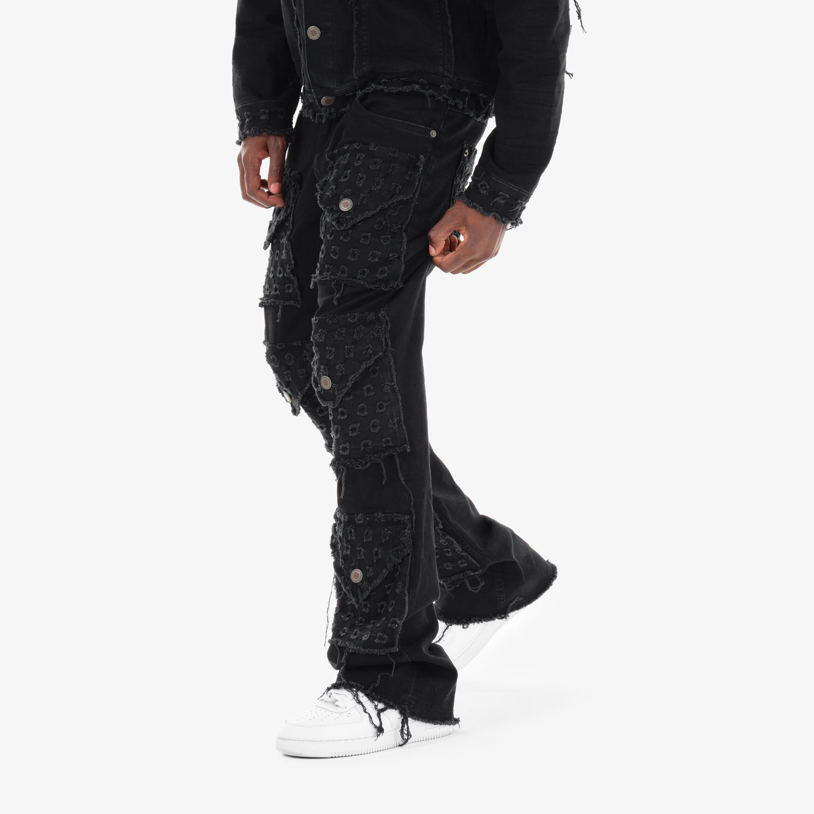BLACK DISTRESSED FRAY CARGO STACKED JEANS