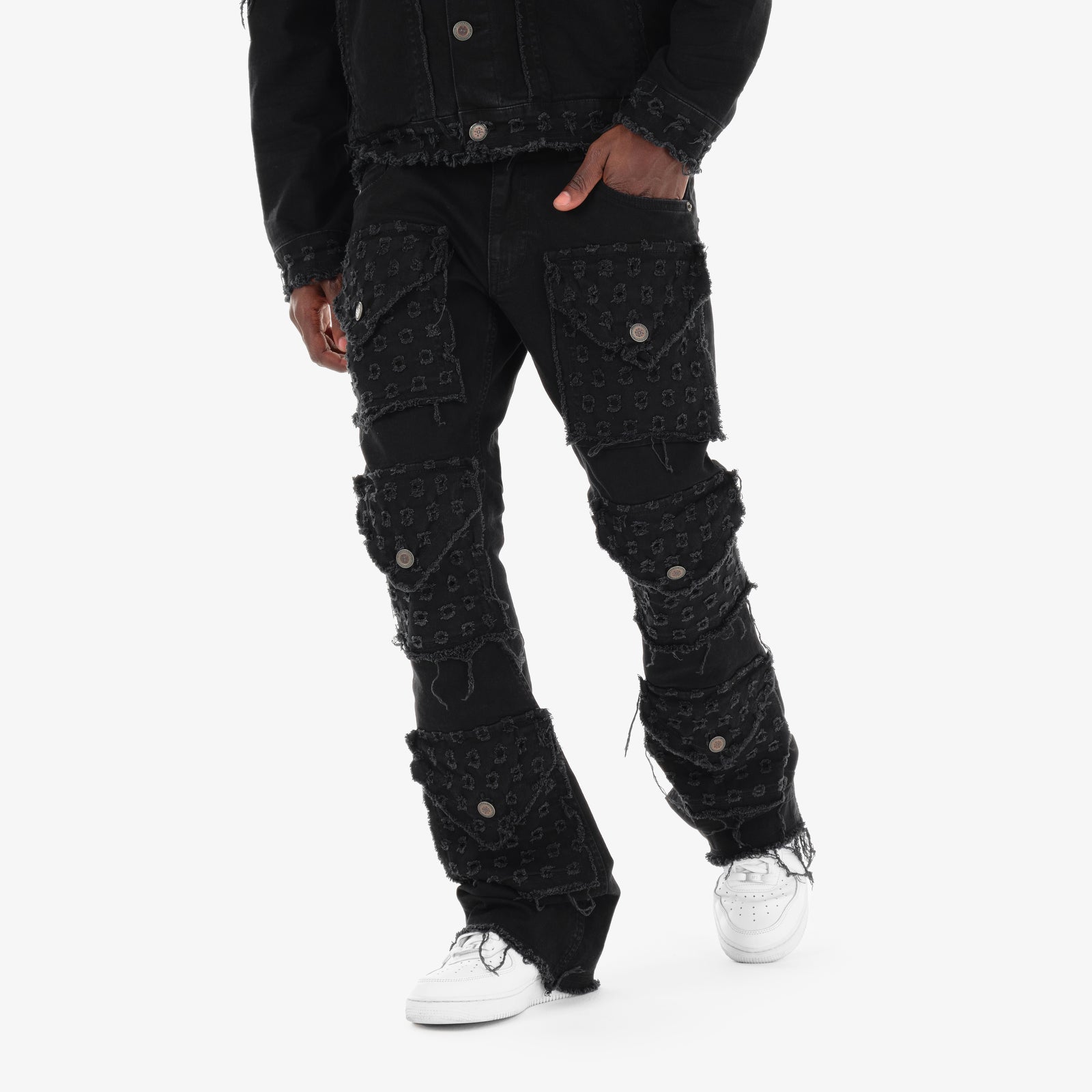 BLACK DISTRESSED FRAY CARGO STACKED JEANS
