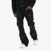 BLACK DISTRESSED FRAY CARGO STACKED JEANS