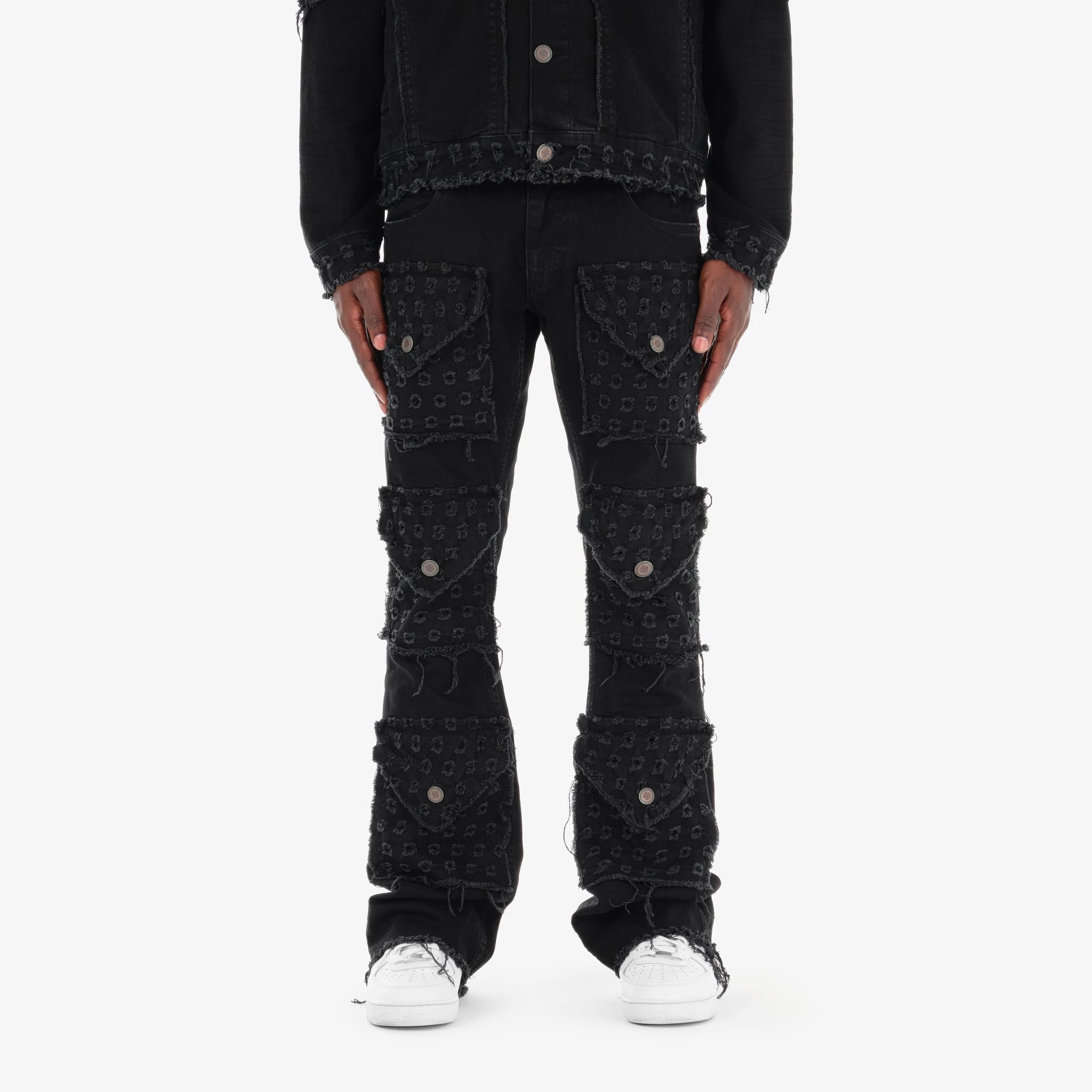 BLACK DISTRESSED FRAY CARGO STACKED JEANS