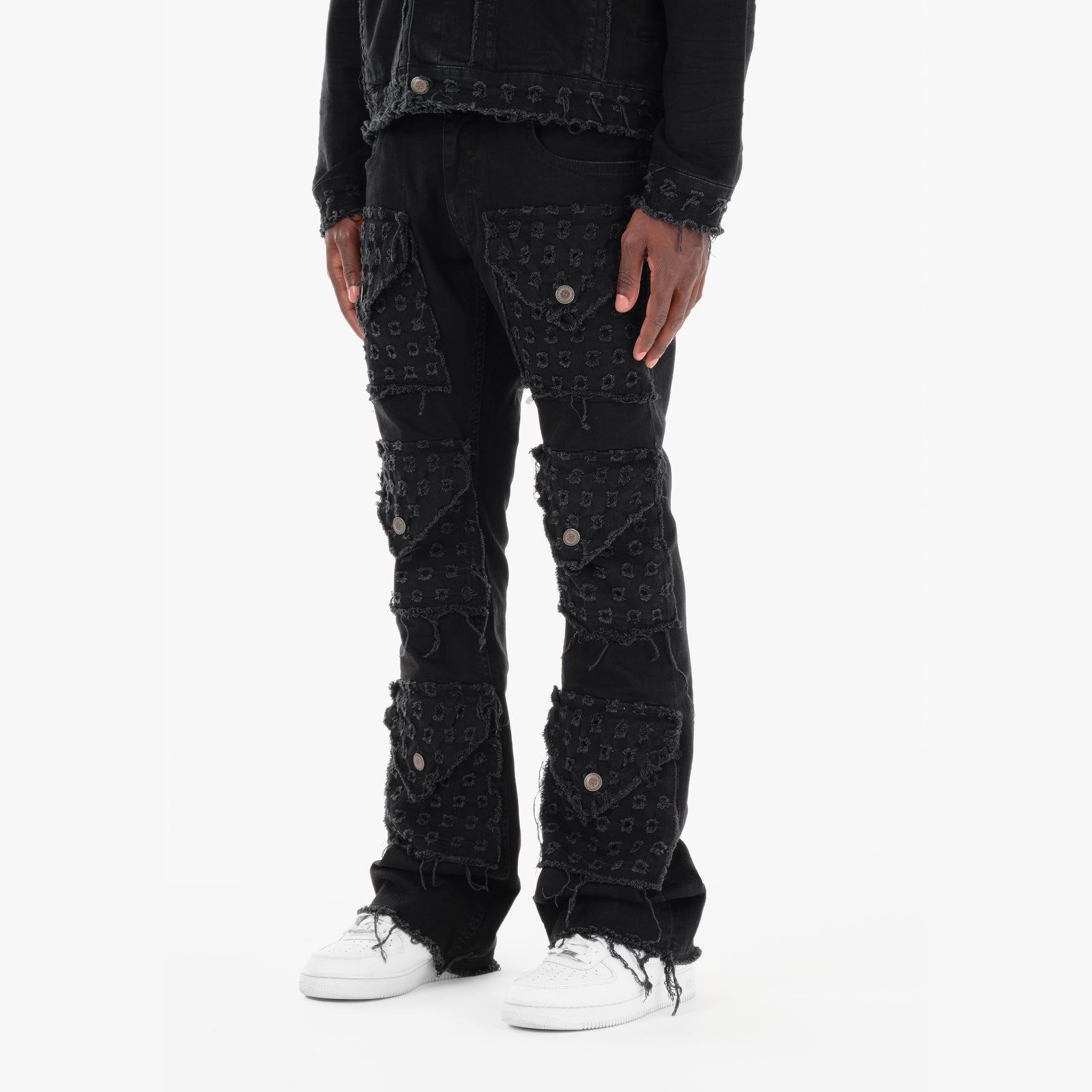 BLACK DISTRESSED FRAY CARGO STACKED JEANS