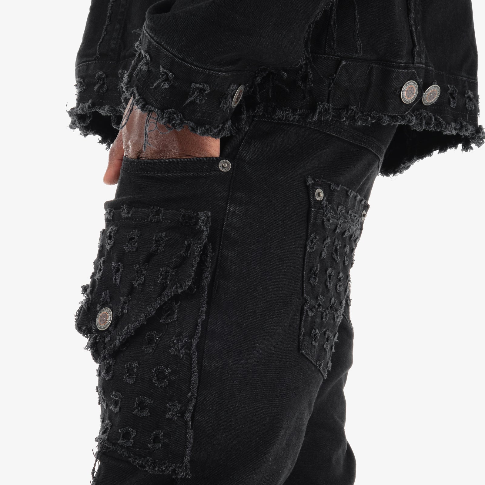 BLACK DISTRESSED FRAY CARGO STACKED JEANS