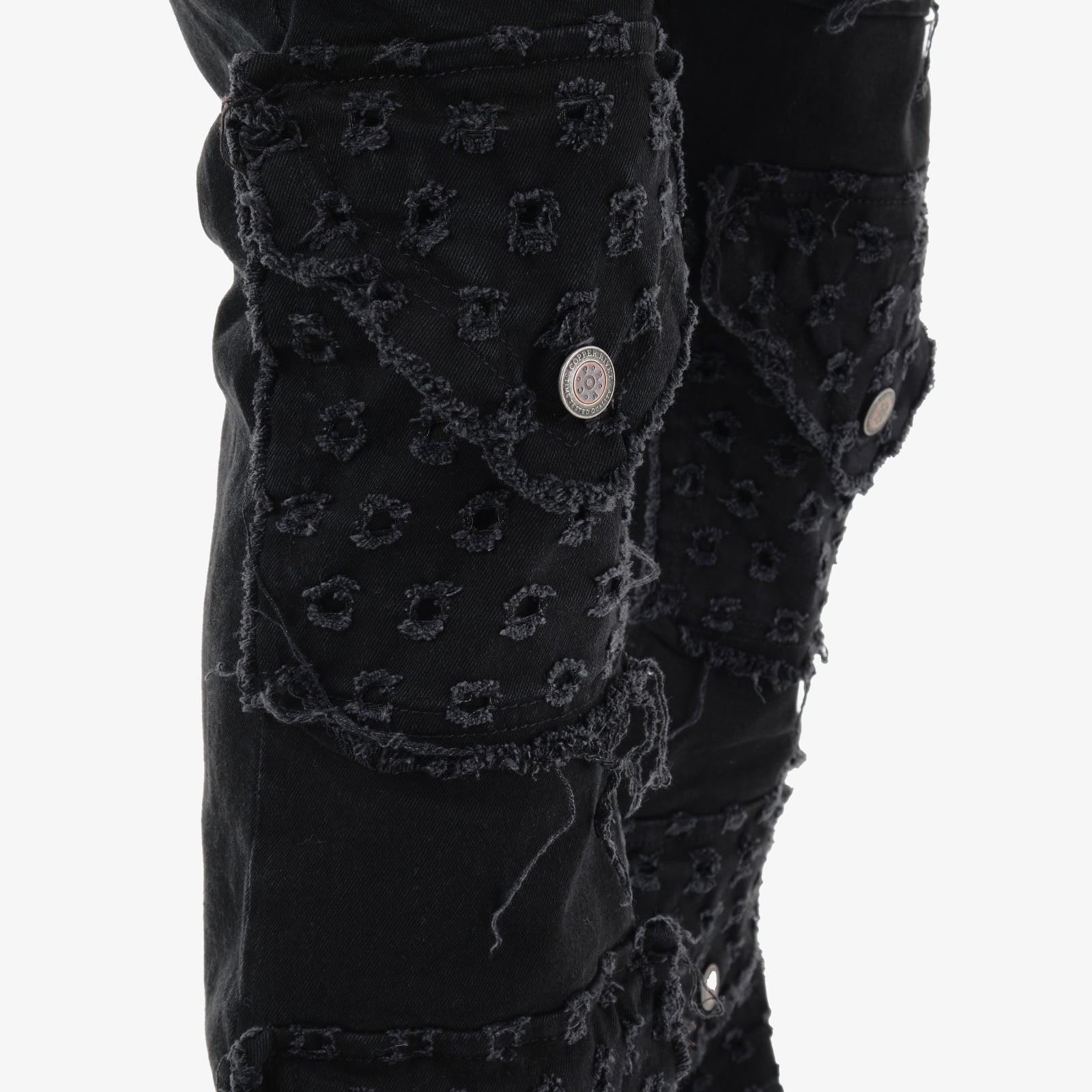 BLACK DISTRESSED FRAY CARGO STACKED JEANS