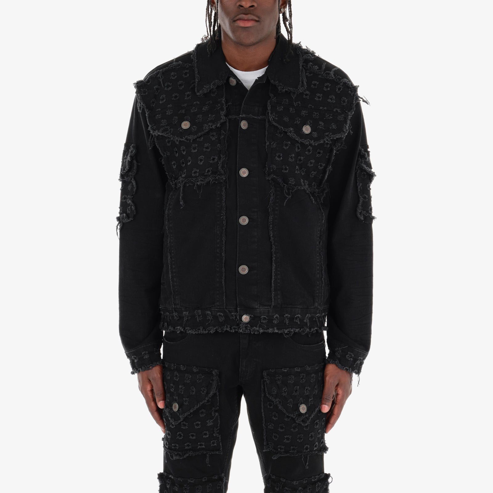 BLACK DENIM JACKET W/ DISTRESSED FRAY