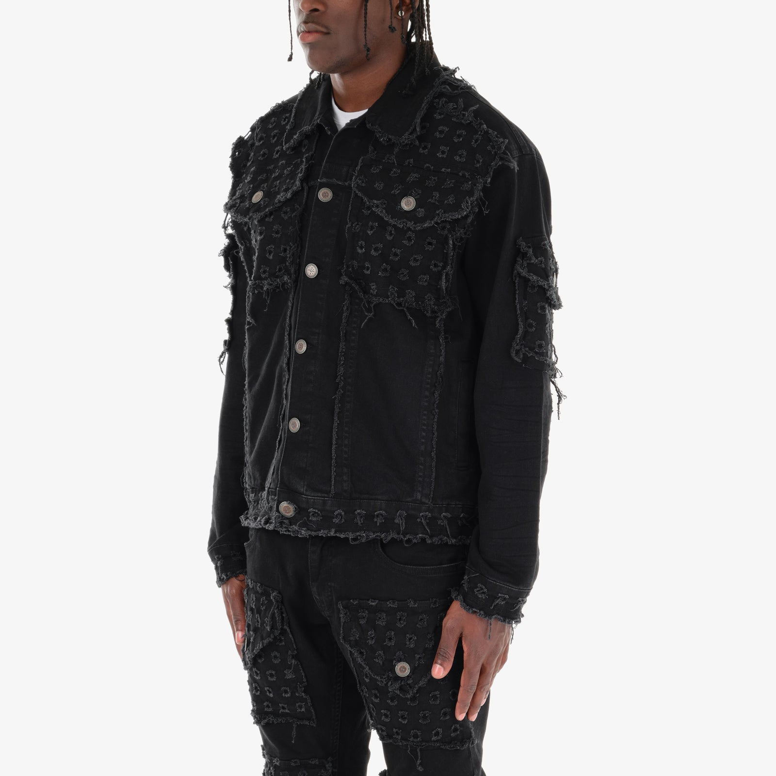 BLACK DENIM JACKET W/ DISTRESSED FRAY