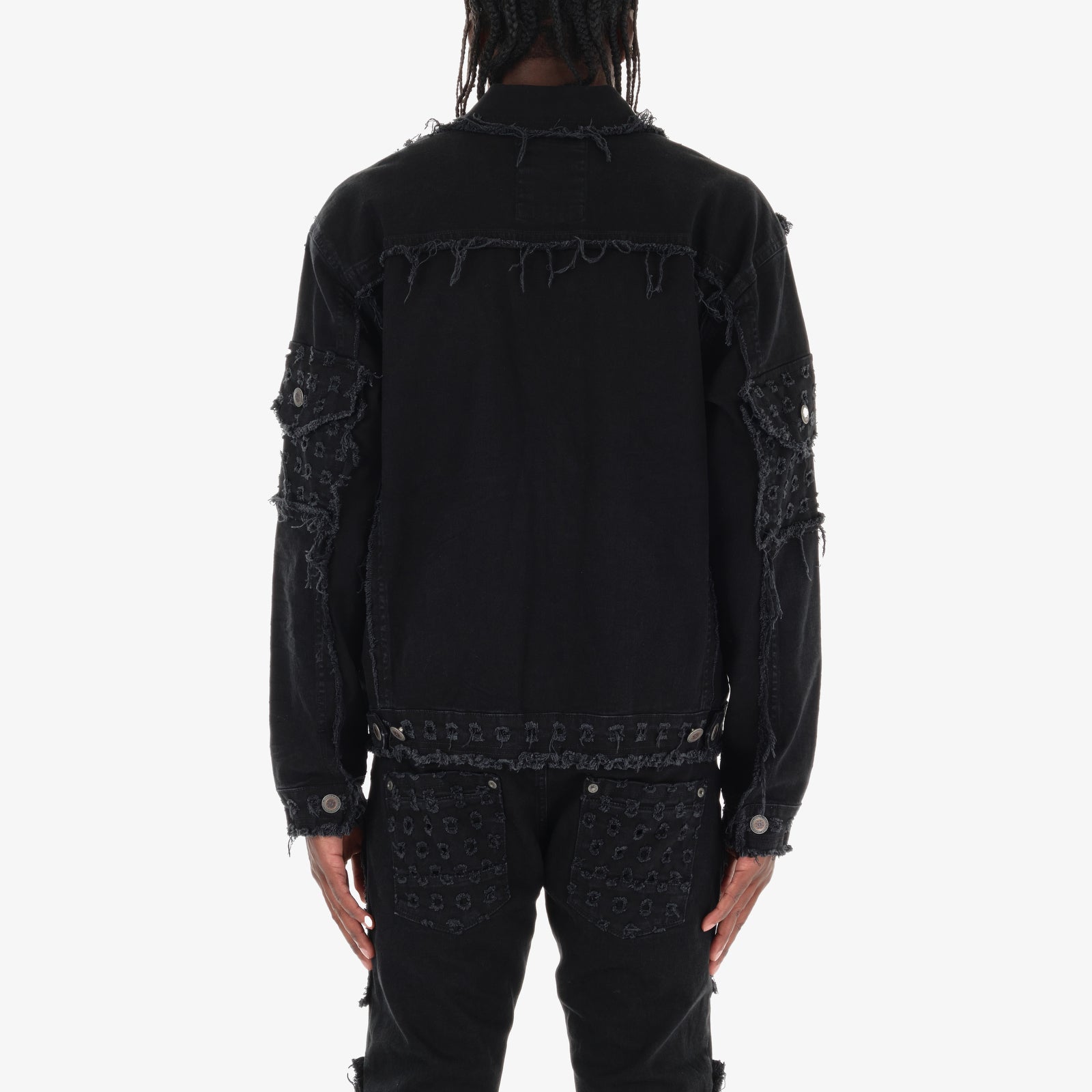 BLACK DENIM JACKET W/ DISTRESSED FRAY