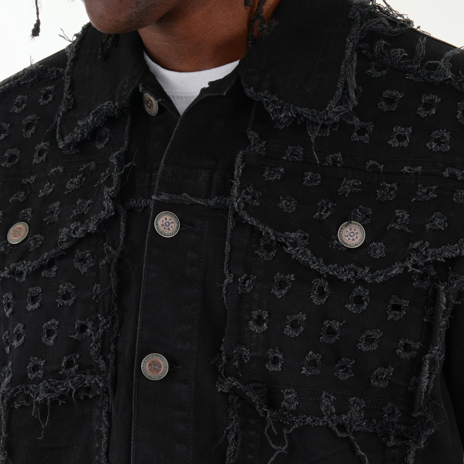 BLACK DENIM JACKET W/ DISTRESSED FRAY