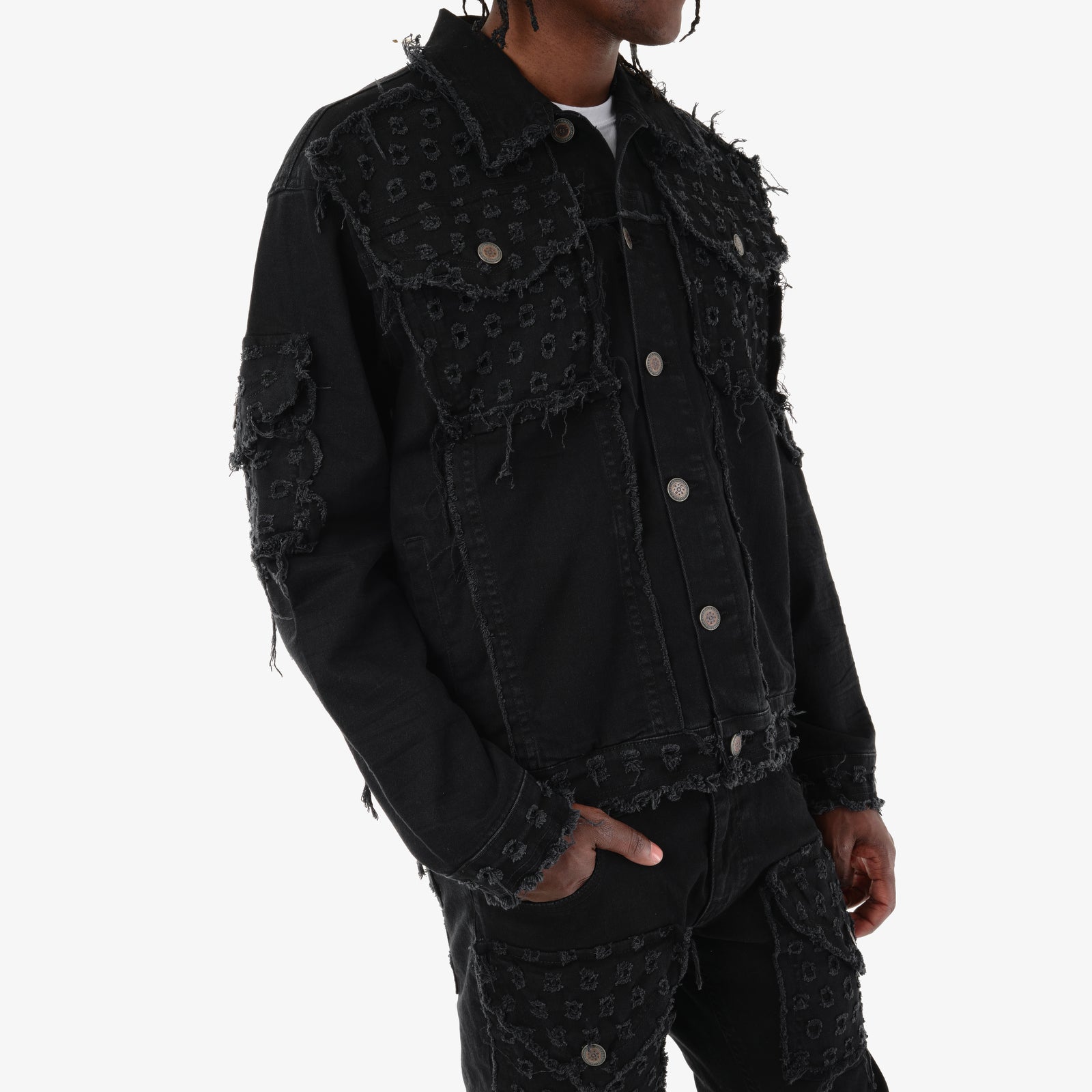 BLACK DENIM JACKET W/ DISTRESSED FRAY