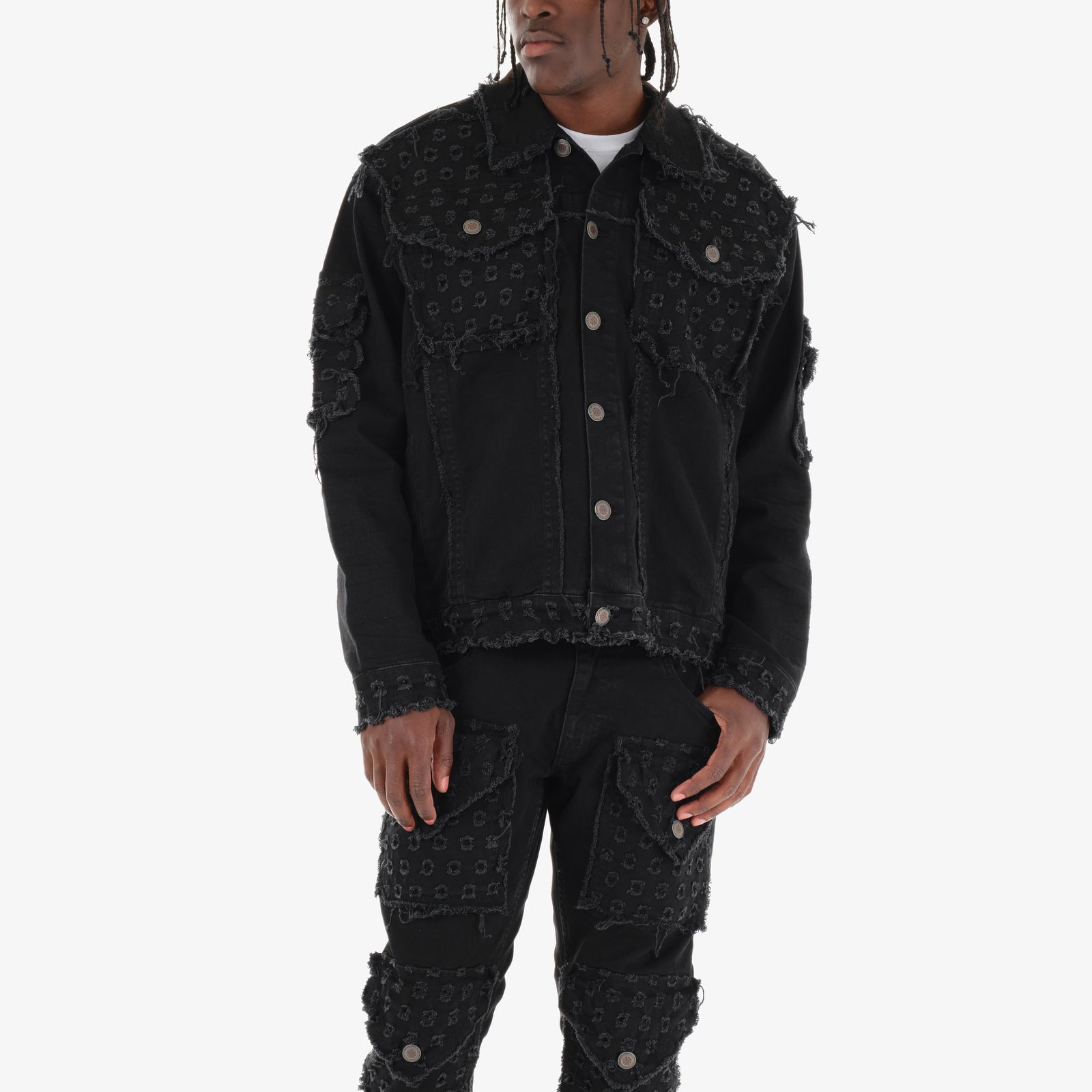 BLACK DENIM JACKET W/ DISTRESSED FRAY