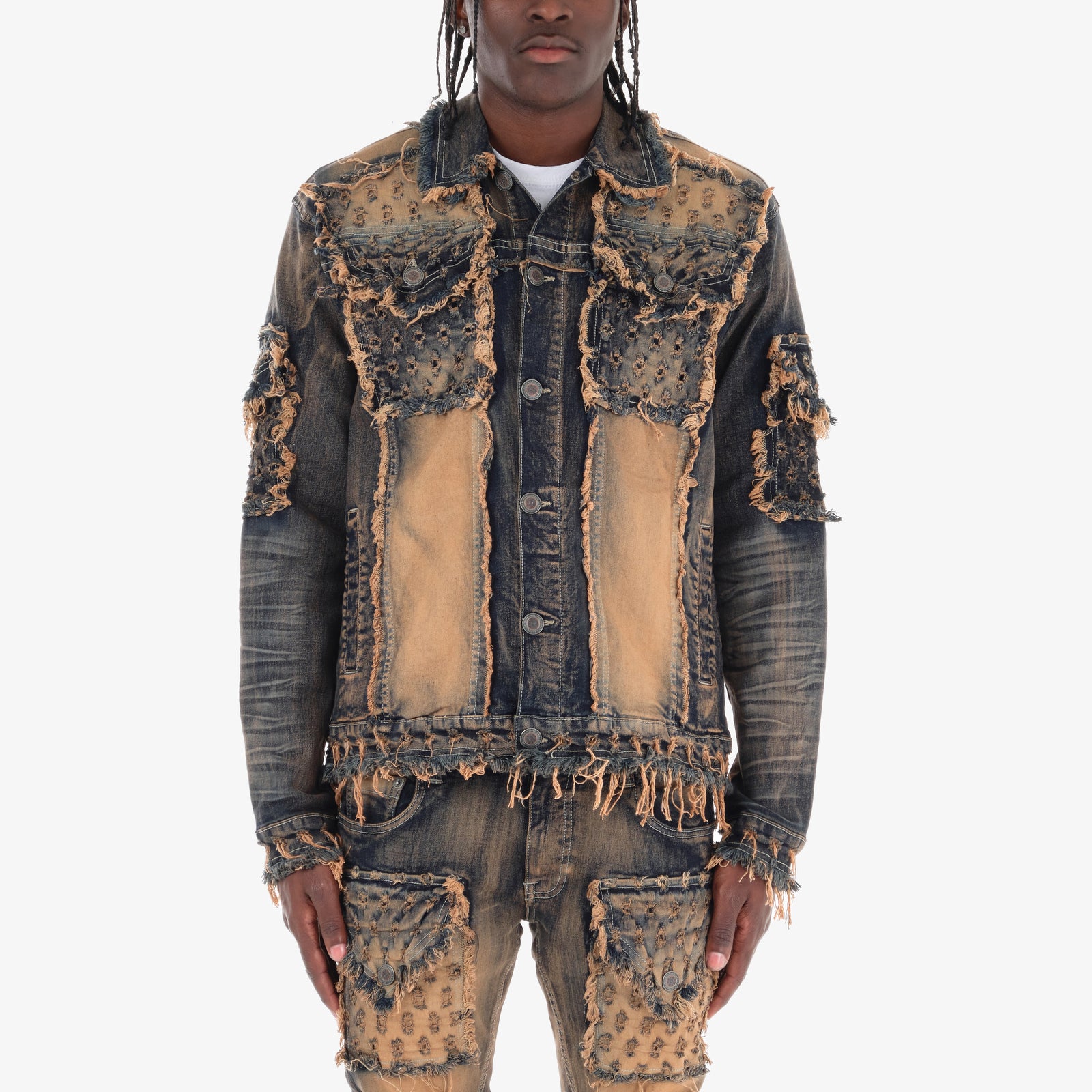 VINTAGE WASHED DENIM JACKET W/ DISTRESSED FRAY