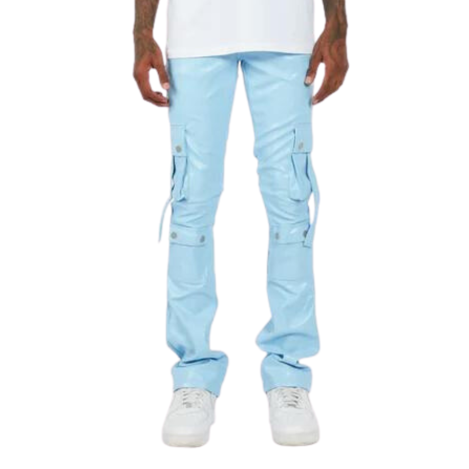 BABY BLUE LEATHER CARGO STACKED PANTS